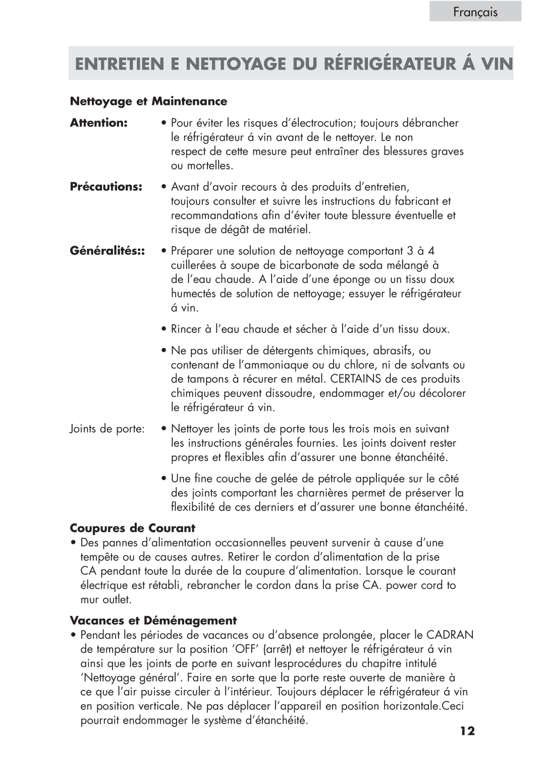 Haier HVCE15, HVCE24 Entretien E Nettoyage Du Réfrigérateur Á Vin, Français, Nettoyage et Maintenance, Coupures de Courant 