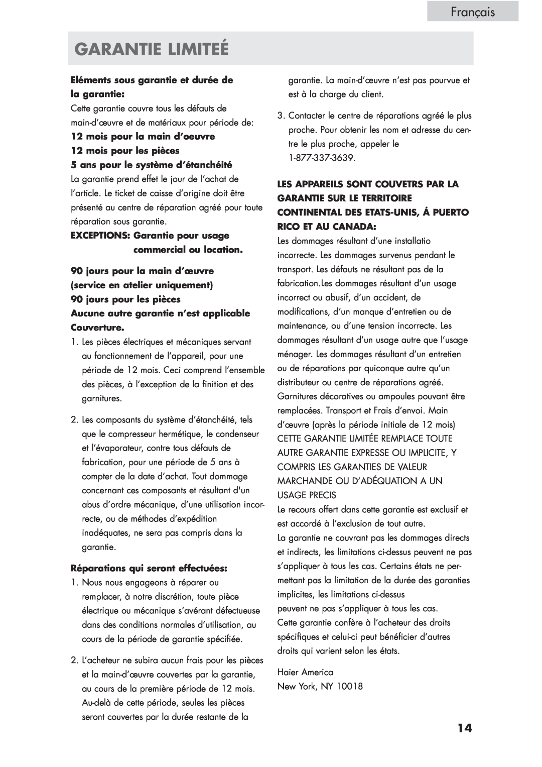 Haier HVCE15, HVCE24 user manual Garantie Limiteé, Français 