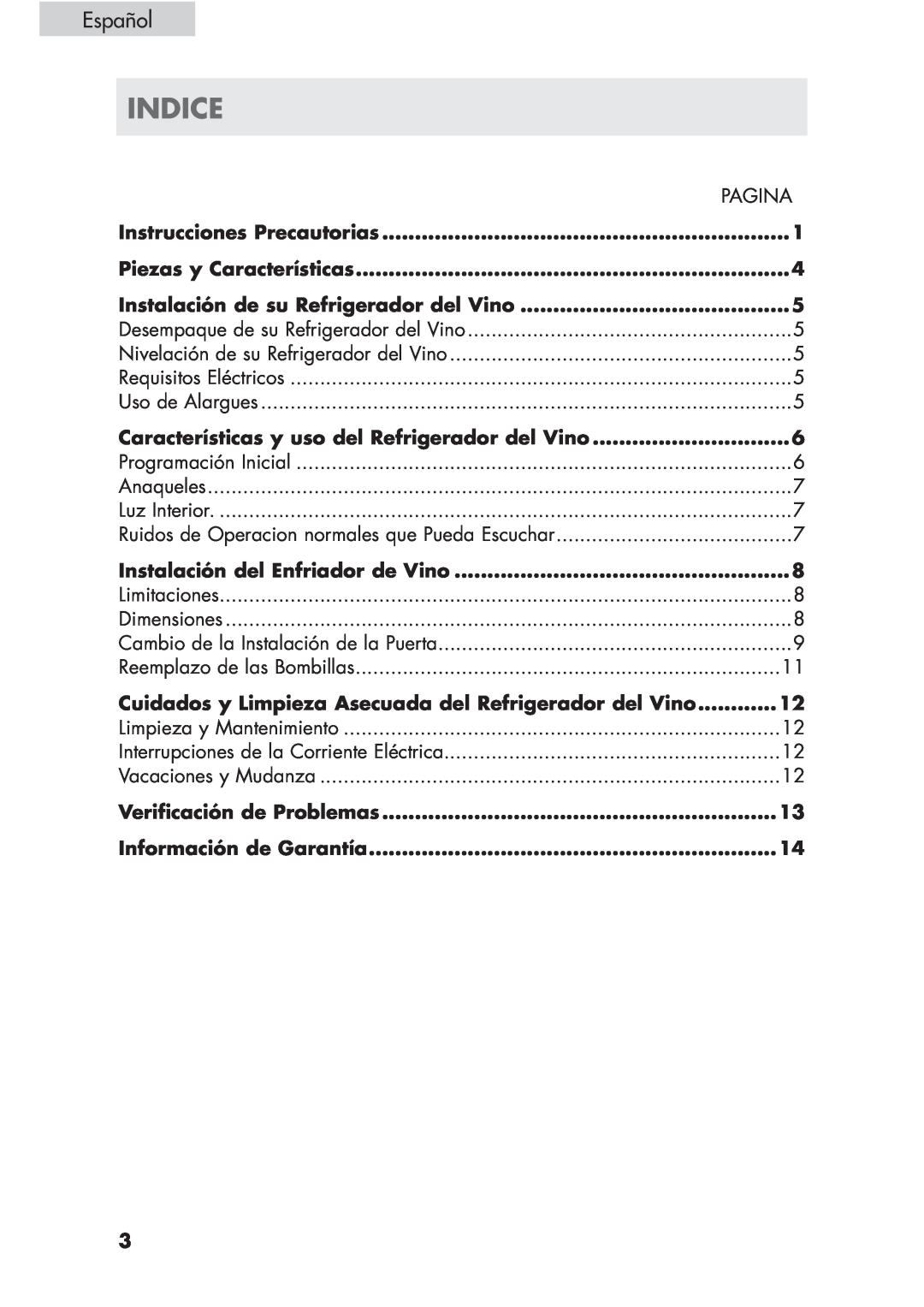 Haier HVCE24 Indice, Español, Instrucciones Precautorias, Piezas y Características, Instalación del Enfriador de Vino 