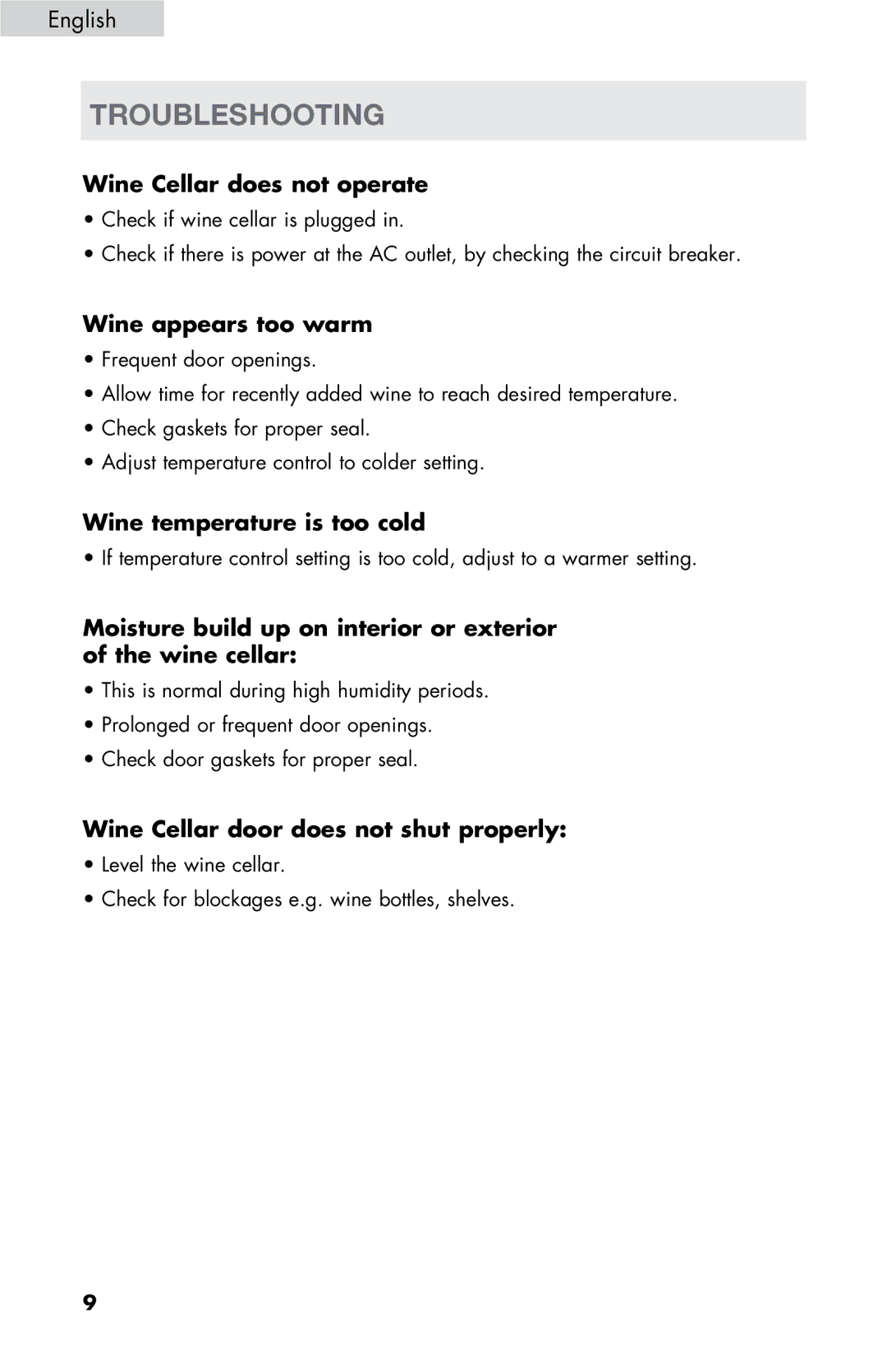 Haier HVDW20ABB -01 Troubleshooting, Wine Cellar does not operate, Wine appears too warm, Wine temperature is too cold 