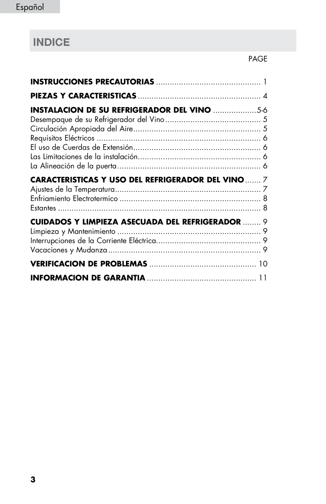 Haier HVDW20ABB -01 user manual Indice, Instalacion DE SU Refrigerador DEL Vino 