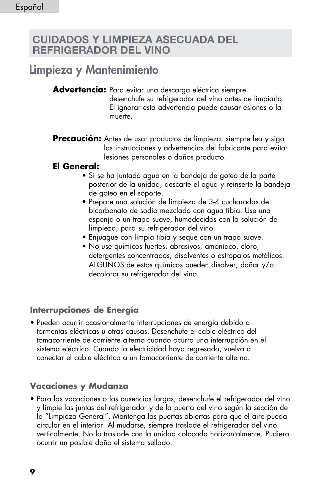 Haier HVDW20ABB -01 Cuidados Y Limpieza Asecuada DEL Refrigerador DEL Vino, El General, Interrupciones de Energía 