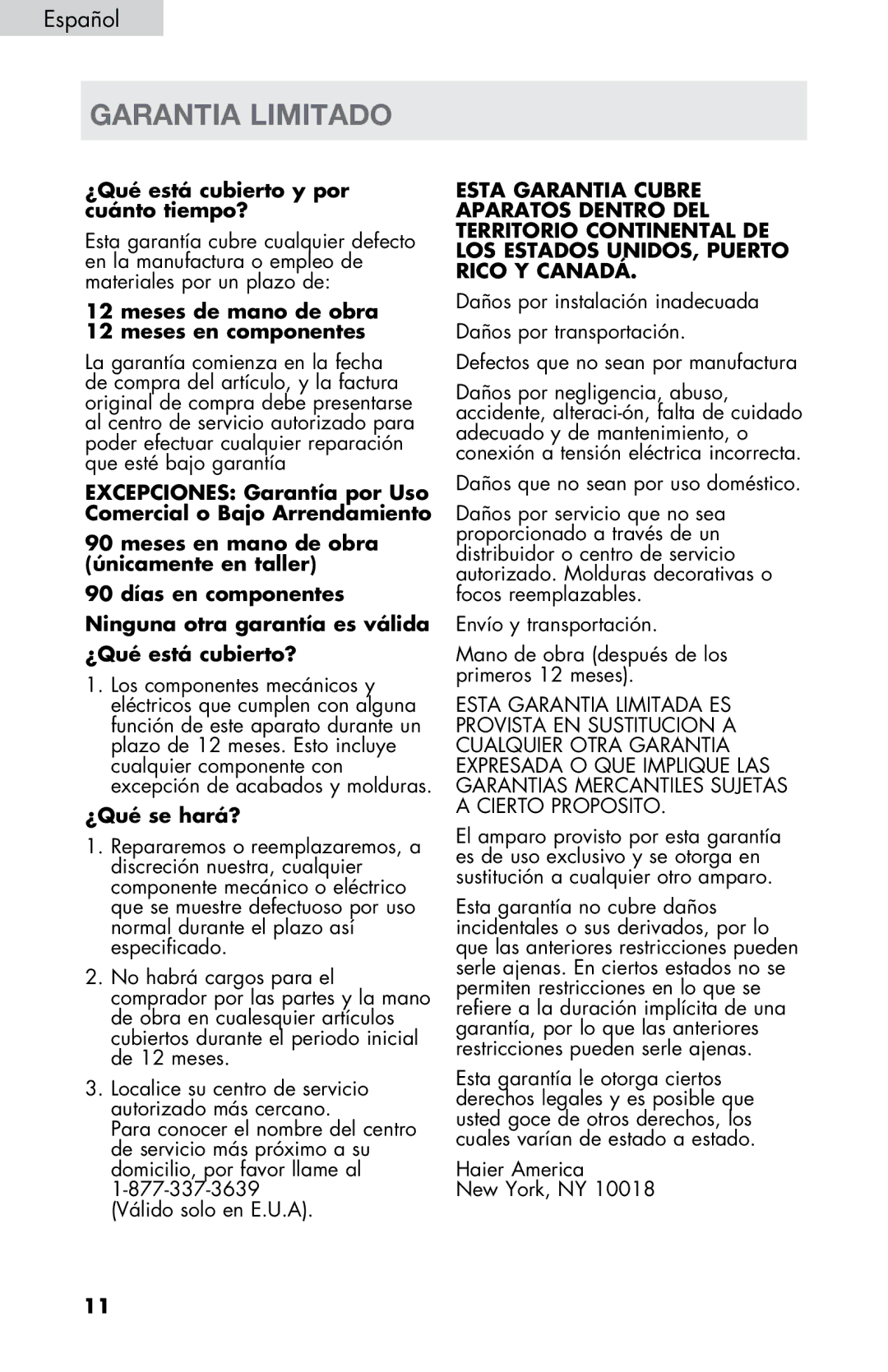 Haier HVDW20ABB -01 user manual Garantia Limitado, ¿Qué está cubierto y por cuánto tiempo? 