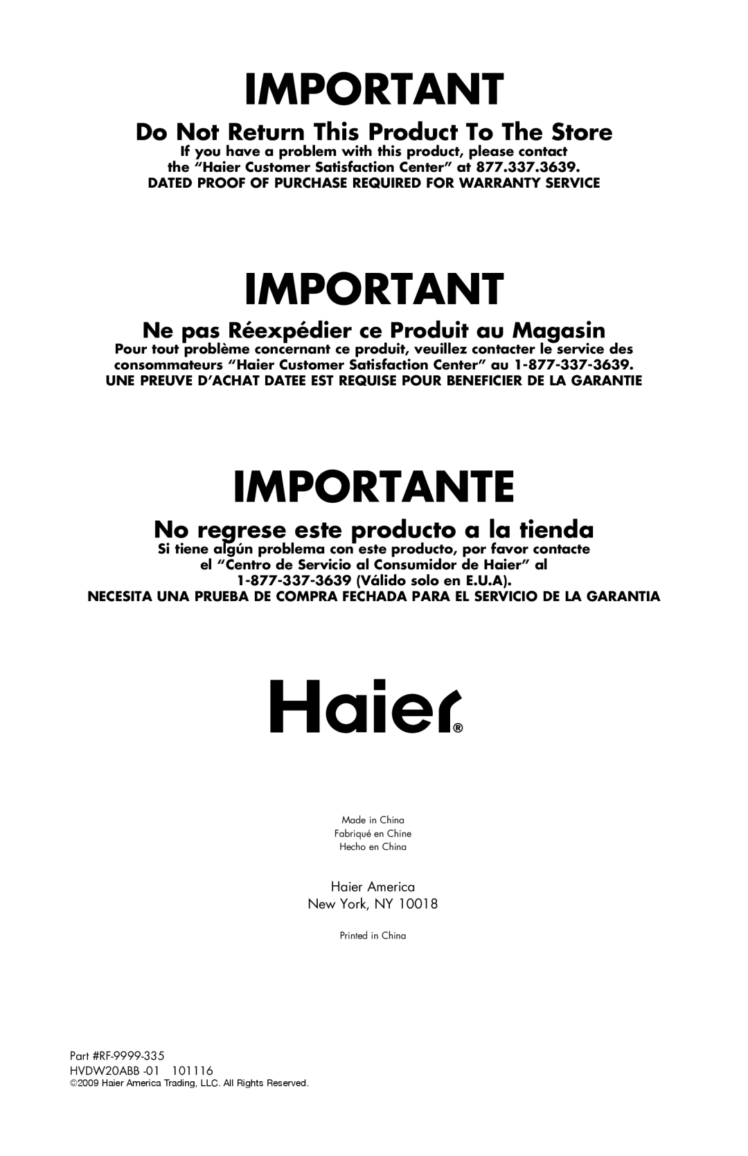 Haier HVDW20ABB -01 user manual Importante 