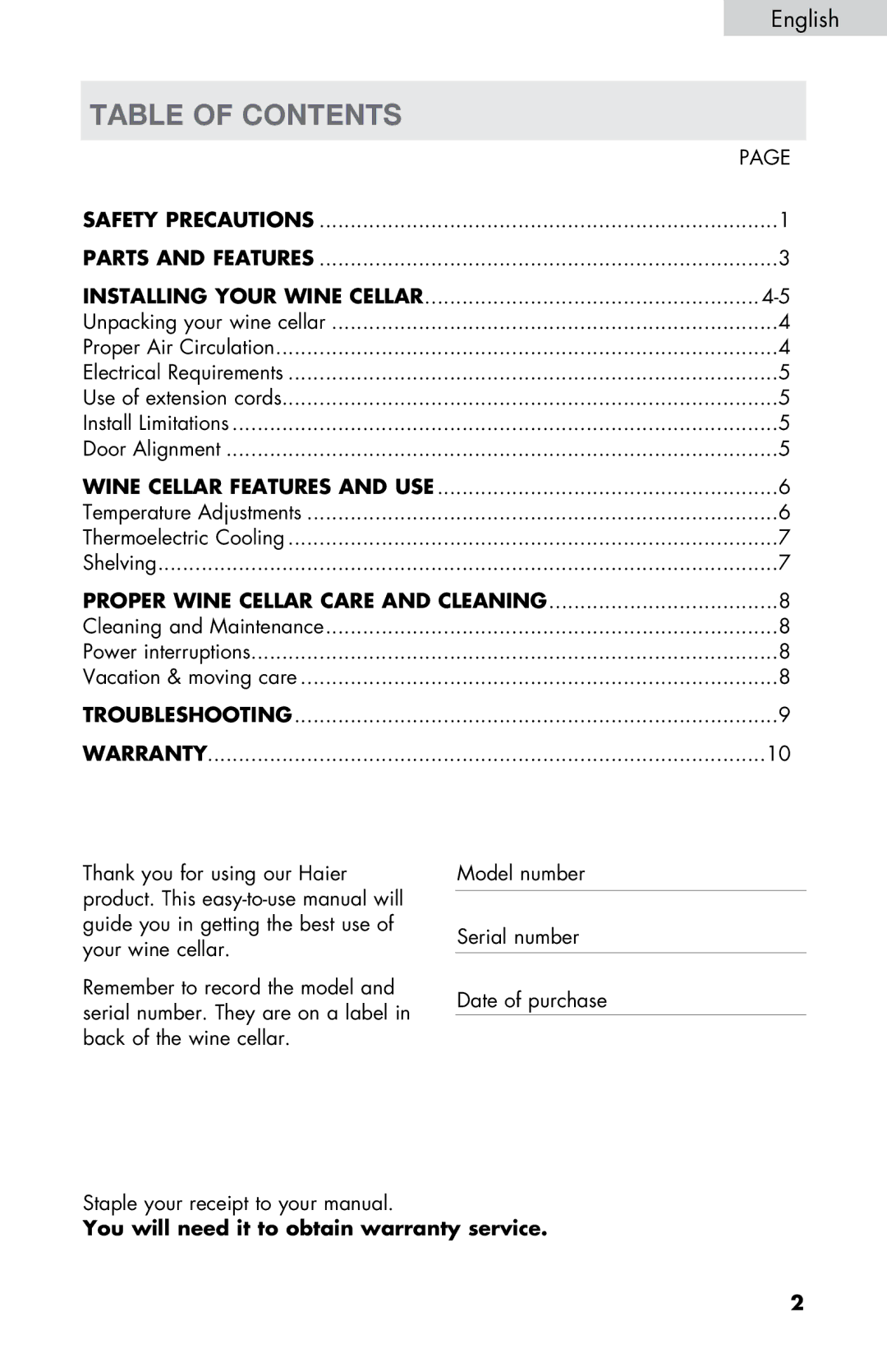 Haier HVDW20ABB -01 user manual Table of Contents 