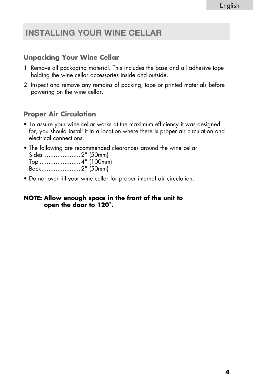 Haier HVDW20ABB -01 user manual Installing Your Wine Cellar, Unpacking Your Wine Cellar, Proper Air Circulation 