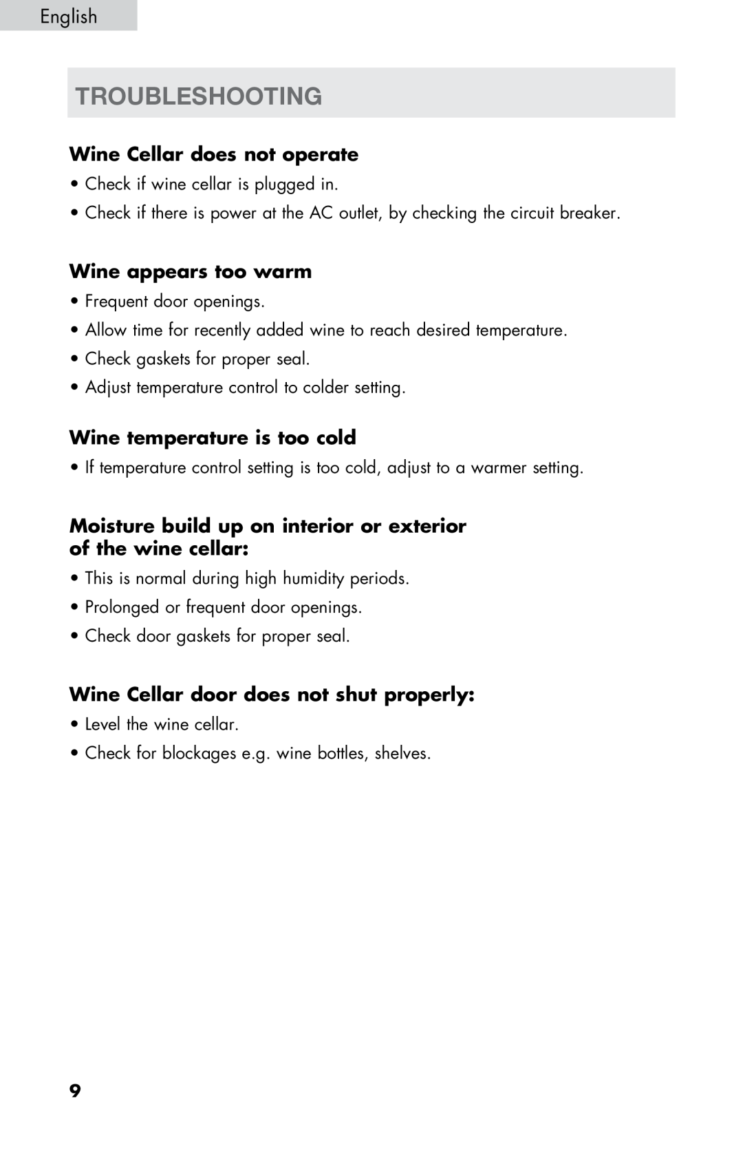 Haier HVDW20ABB -01 Troubleshooting, Wine Cellar does not operate, Wine appears too warm, Wine temperature is too cold 
