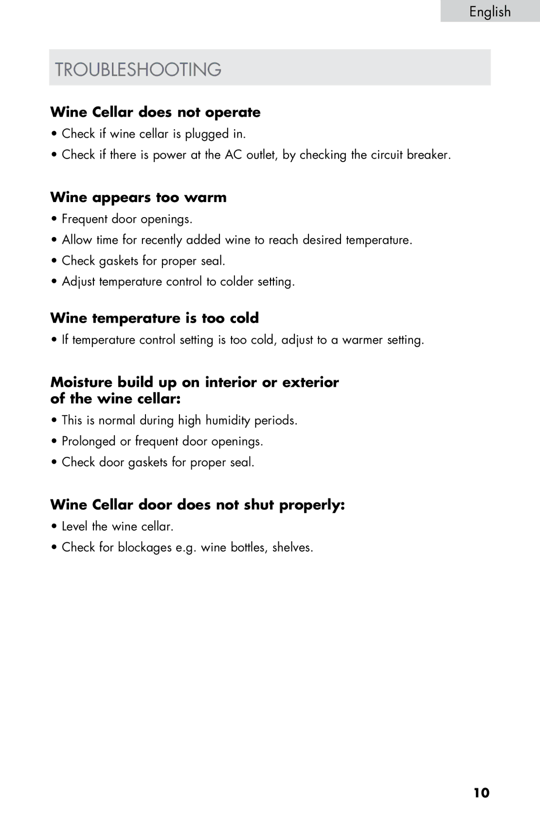 Haier HVDW15ABB Troubleshooting, Wine Cellar does not operate, Wine appears too warm, Wine temperature is too cold 