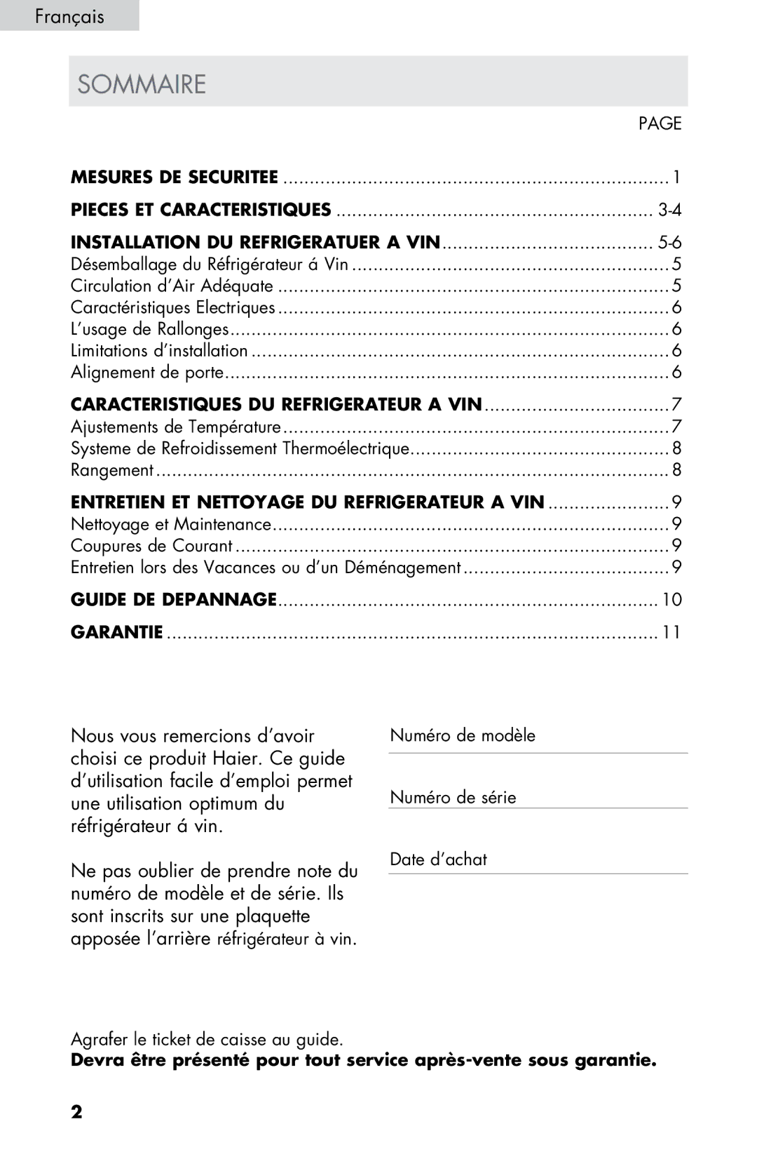 Haier HVDW32ABB, HVDW15ABB user manual Sommaire, Entretien ET Nettoyage DU Refrigerateur a VIN 