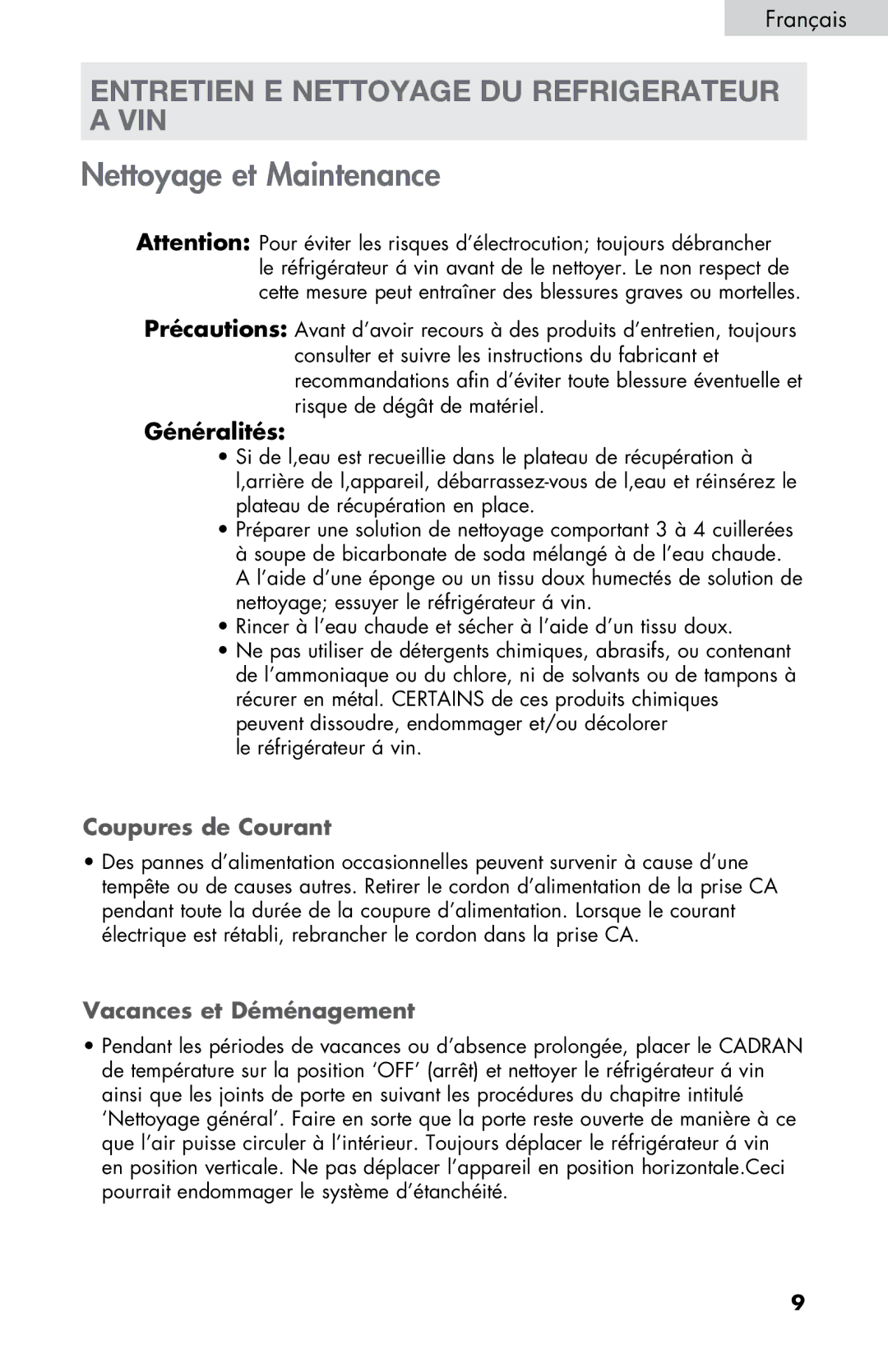 Haier HVDW15ABB Entretien E Nettoyage DU Refrigerateur a VIN, Généralités, Coupures de Courant, Vacances et Déménagement 