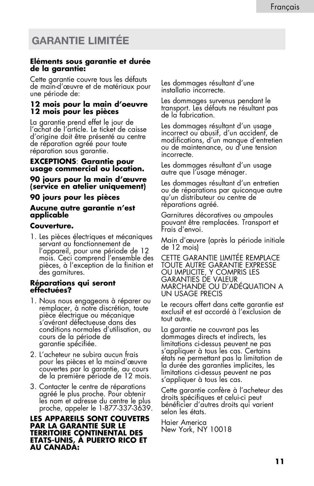 Haier HVDW15ABB, HVDW32ABB user manual Garantie Limitée, Eléments sous garantie et durée de la garantie 