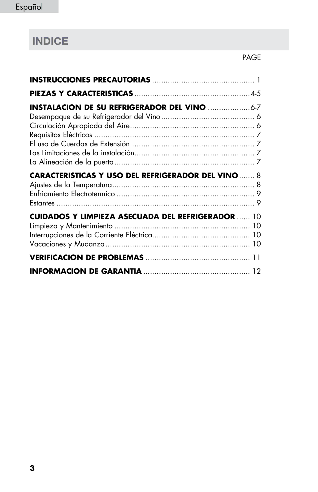 Haier HVDW32ABB, HVDW15ABB user manual Indice, Instalacion DE SU Refrigerador DEL Vino 