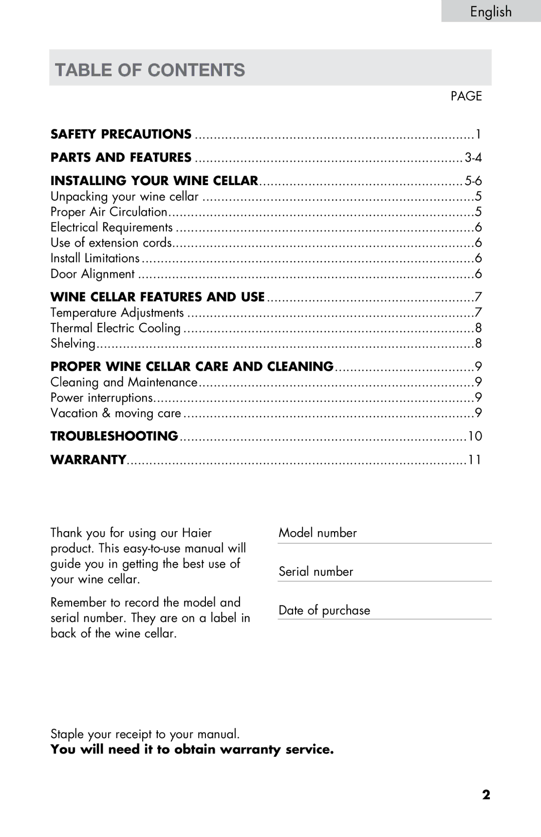 Haier HVDW15ABB, HVDW32ABB user manual Table of Contents 