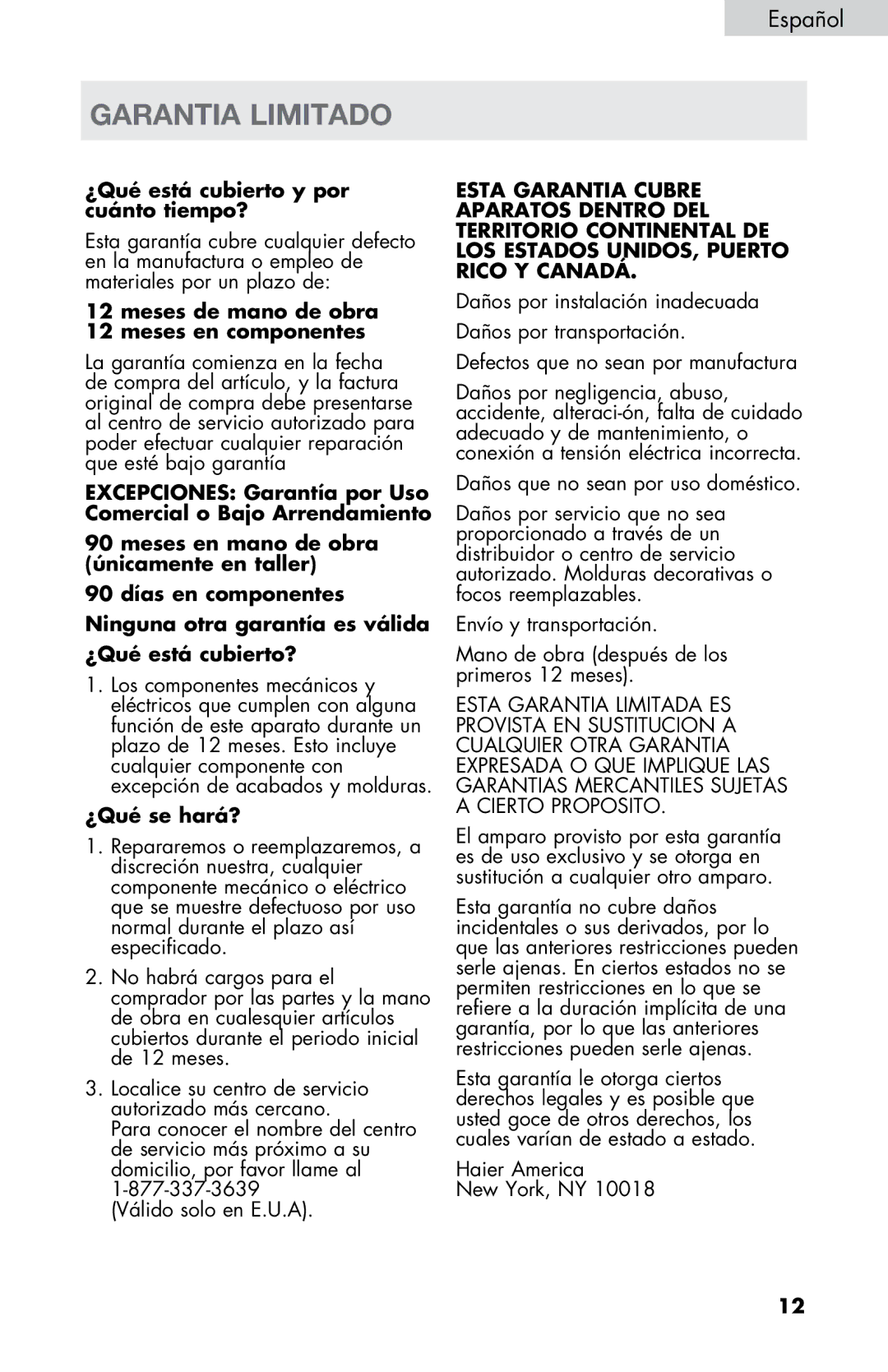 Haier HVDW15ABB, HVDW32ABB user manual Garantia Limitado, ¿Qué está cubierto y por cuánto tiempo? 