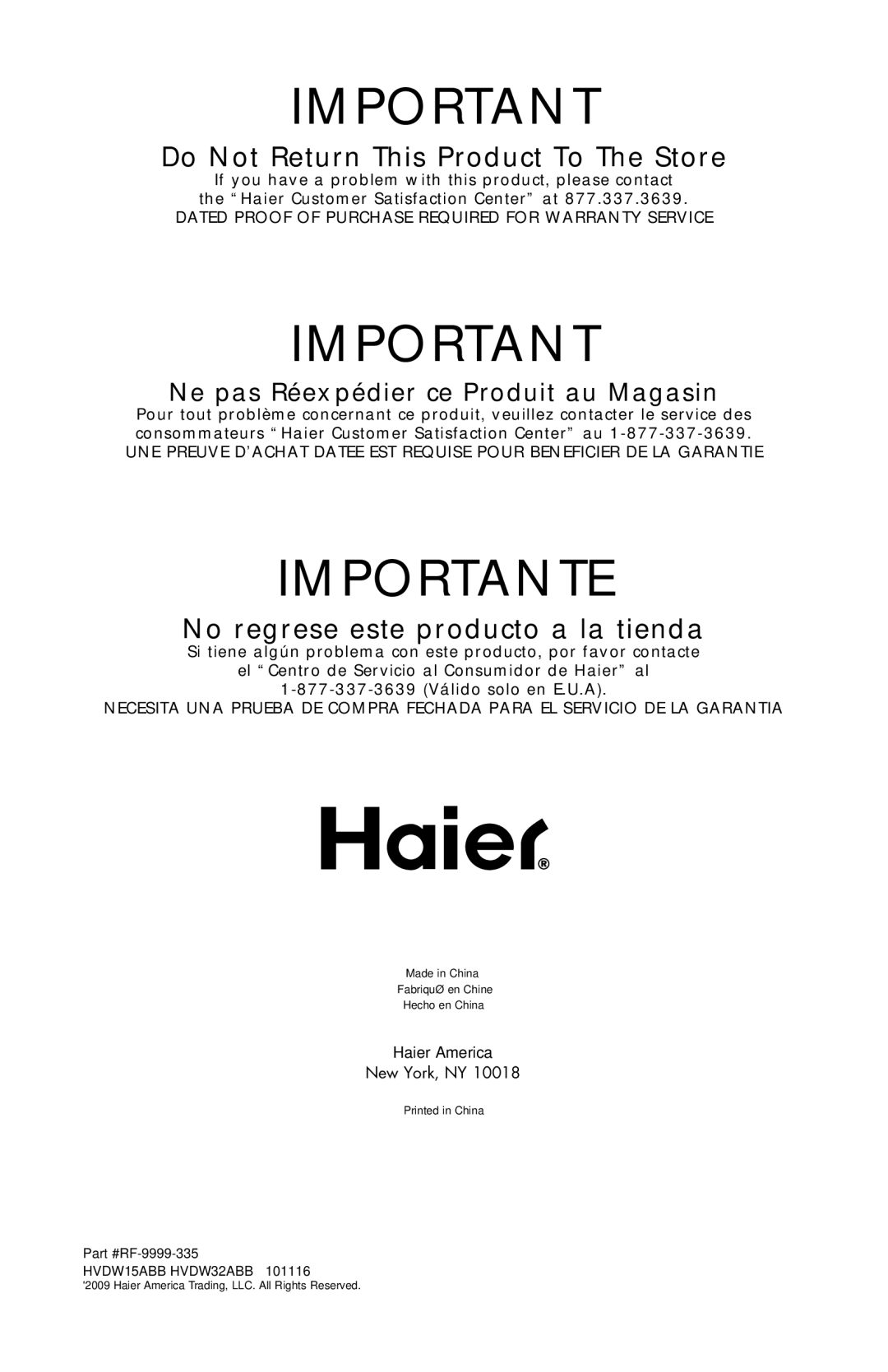 Haier HVDW32ABB, HVDW15ABB user manual Importante 