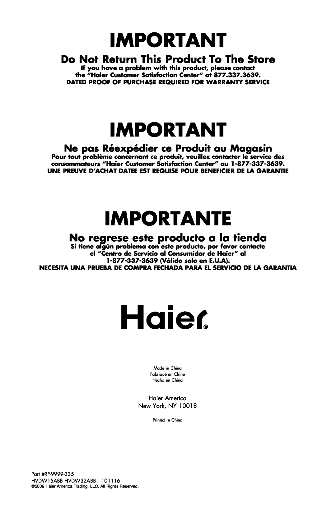 Haier HVDW32ABB, HVDW15ABB Importante, Do Not Return This Product To The Store, No regrese este producto a la tienda 