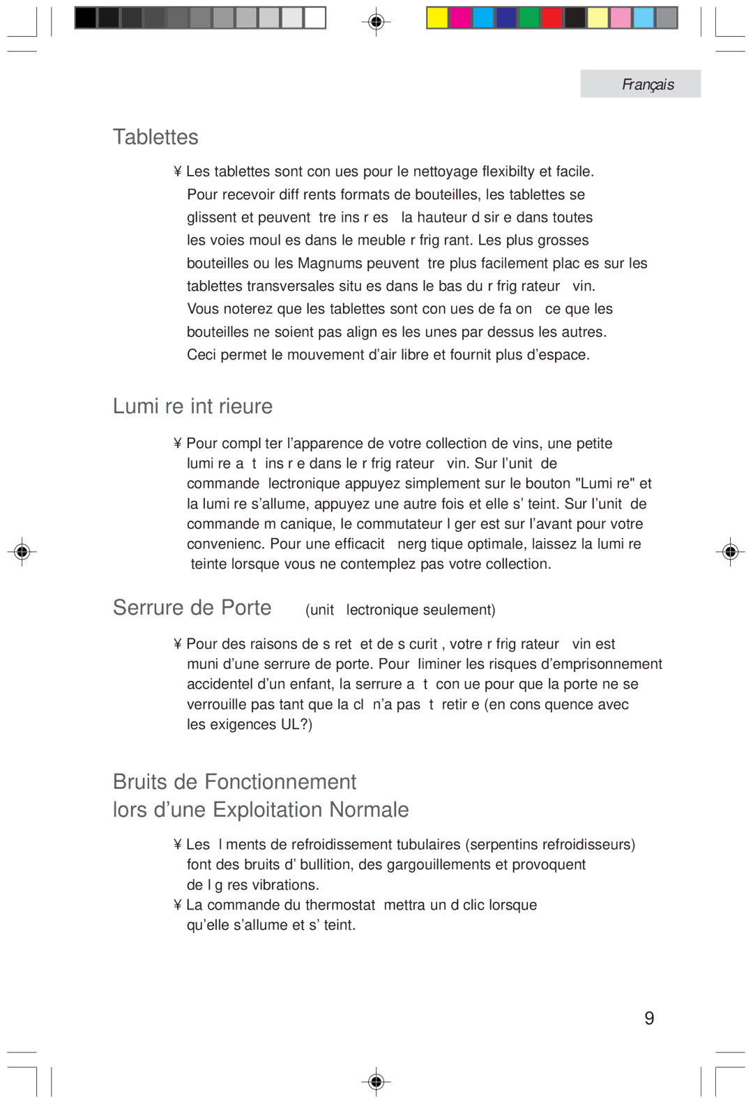 Haier HVFM20A, HVF020A user manual Tablettes, Lumière intérieure, Bruits de Fonctionnement Lors dune Exploitation Normale 