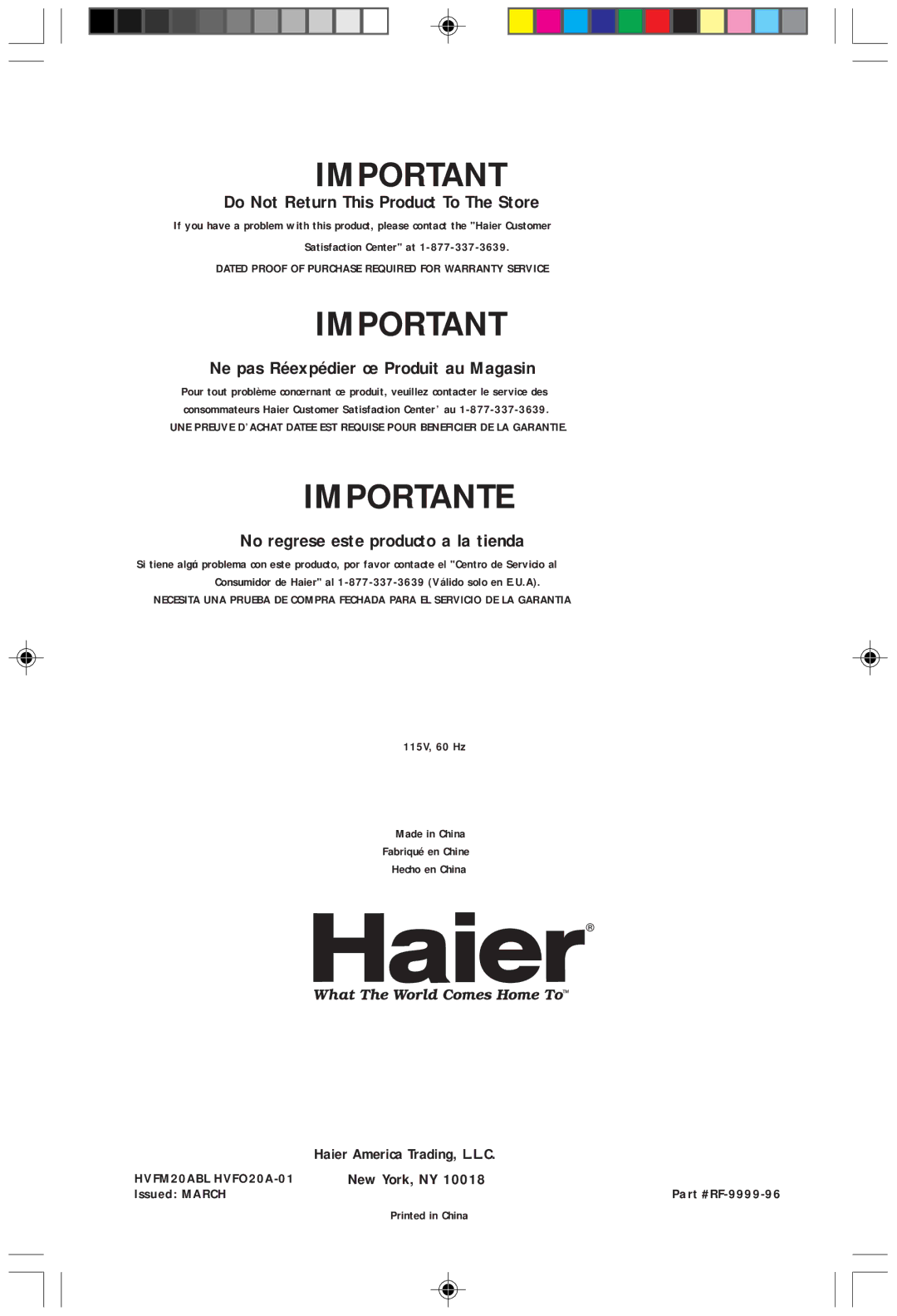 Haier HVFM20A, HVF020A user manual Importante 