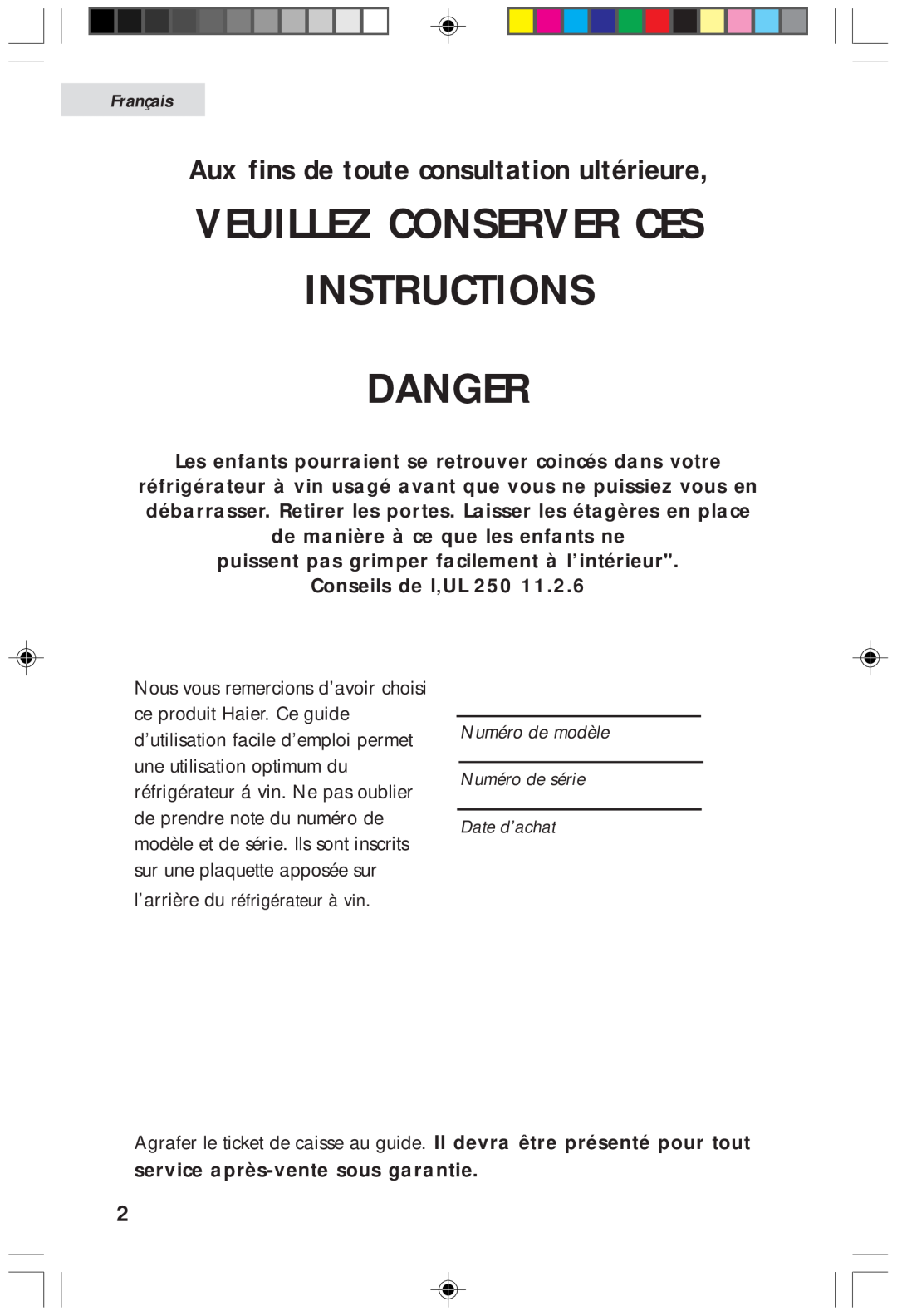 Haier HVF020A, HVFM20A Instructions Danger, Veuillez Conserver Ces, Aux fins de toute consultation ultérieure, Français 