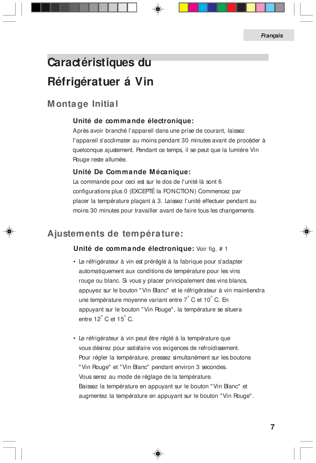 Haier HVFM20A, HVF020A Caractéristiques du Réfrigératuer á Vin, Montage Initial, Ajustements de température, Français 