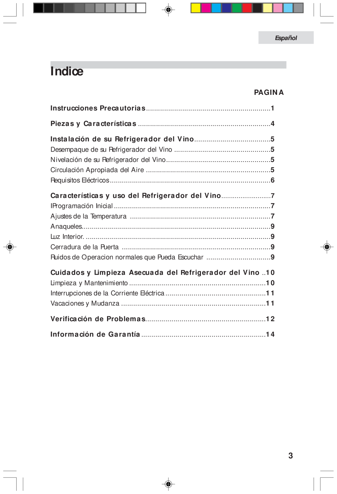 Haier HVFM20A, HVF020A user manual Indice, Pagina, Características y uso del Refrigerador del Vino, Español 
