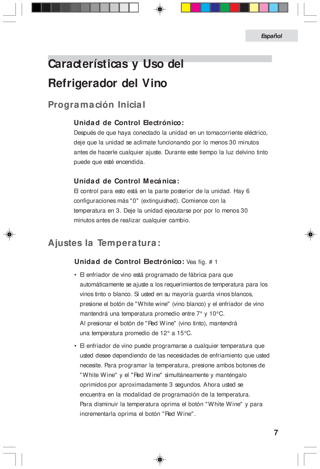 Haier HVFM20A Características y Uso del Refrigerador del Vino, Programación Inicial, Ajustes la Temperatura, Español 
