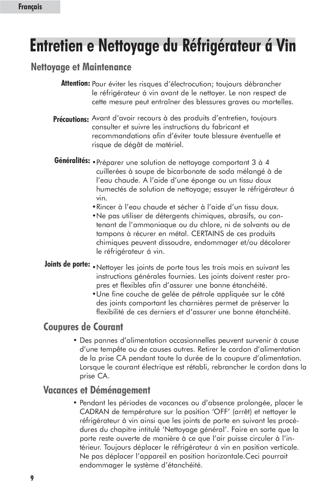 Haier HVFE024BBB user manual Nettoyage et Maintenance, Coupures de Courant, Vacances et Déménagement 