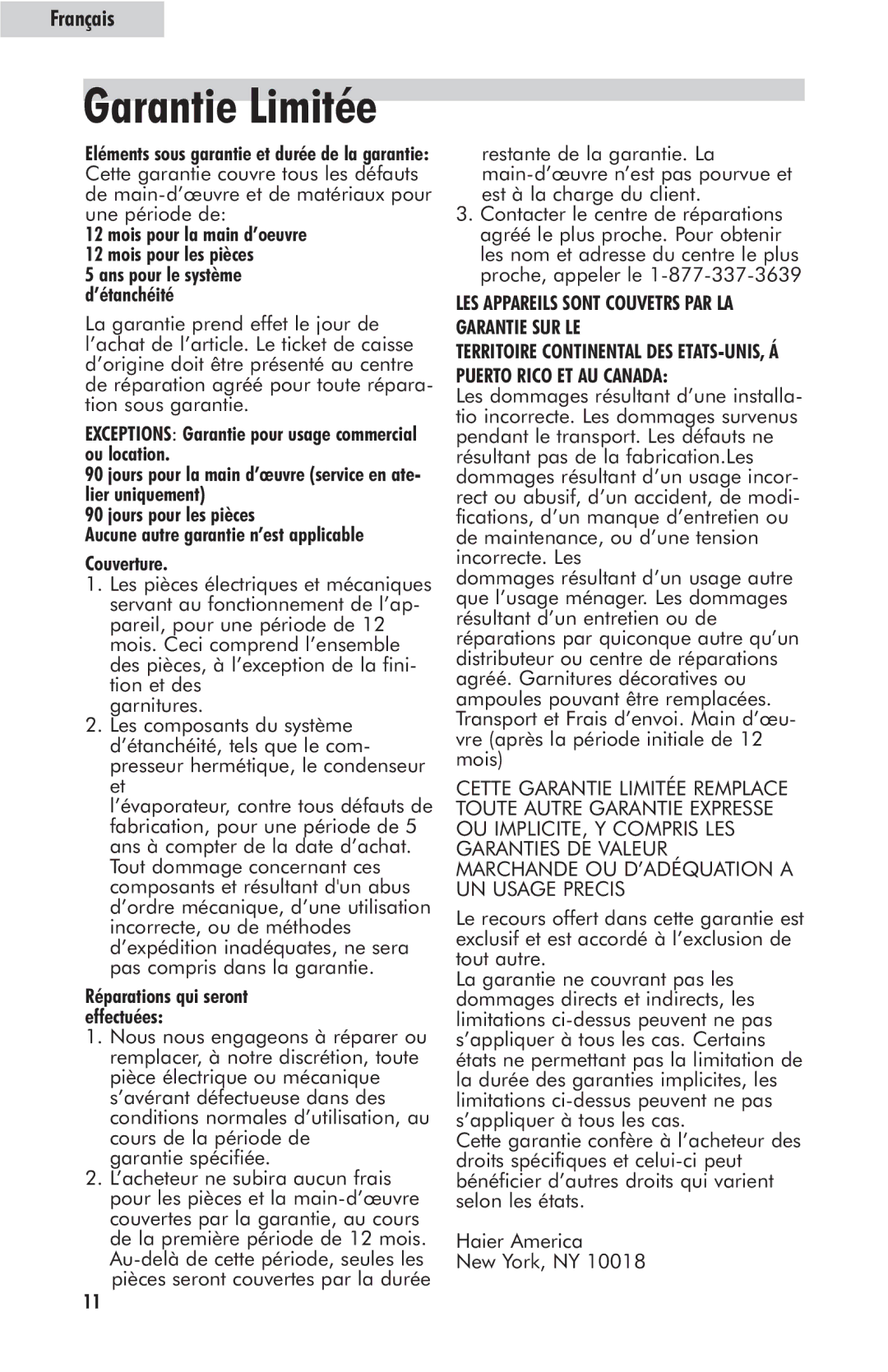 Haier HVFE024BBB user manual Garantie Limitée 