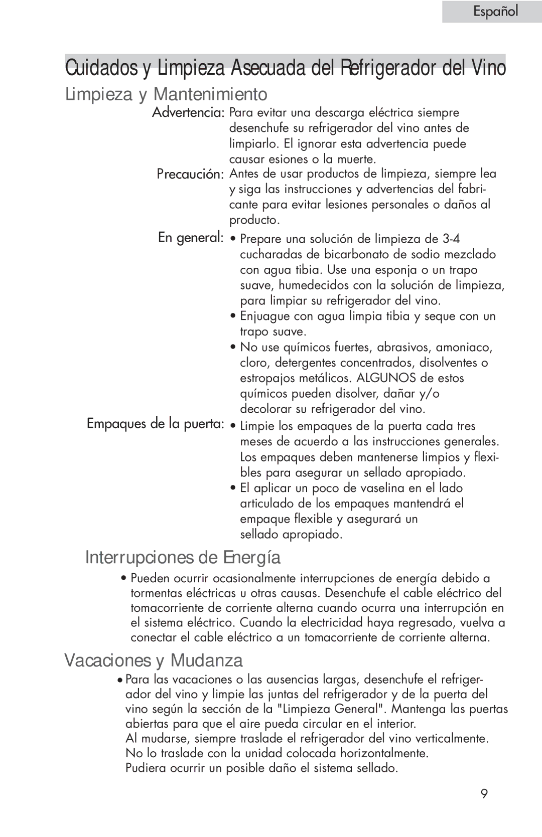 Haier HVFE024BBB user manual Limpieza y Mantenimiento, Interrupciones de Energía, Vacaciones y Mudanza 