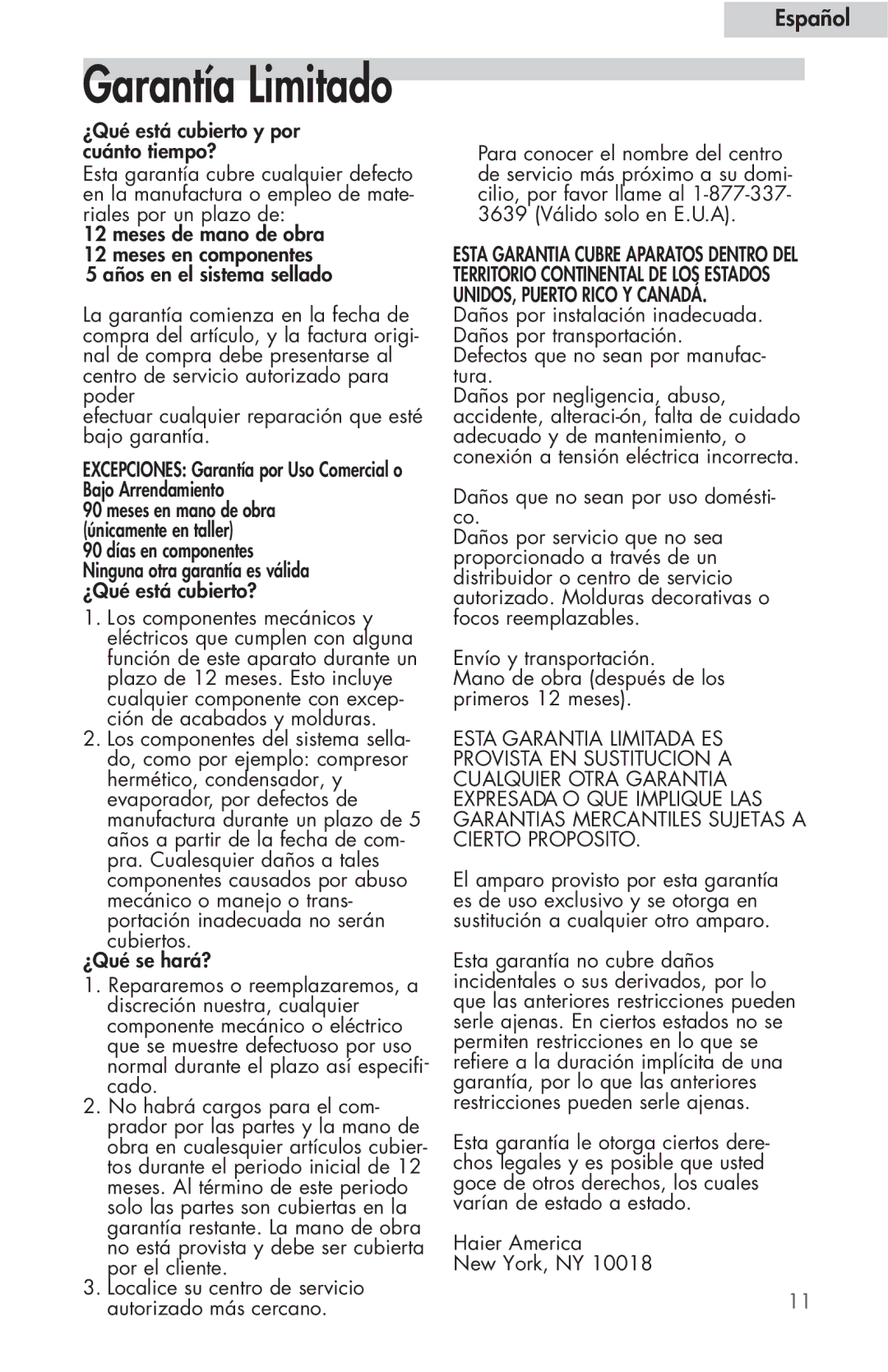 Haier HVFE024BBB user manual Garantía Limitado 