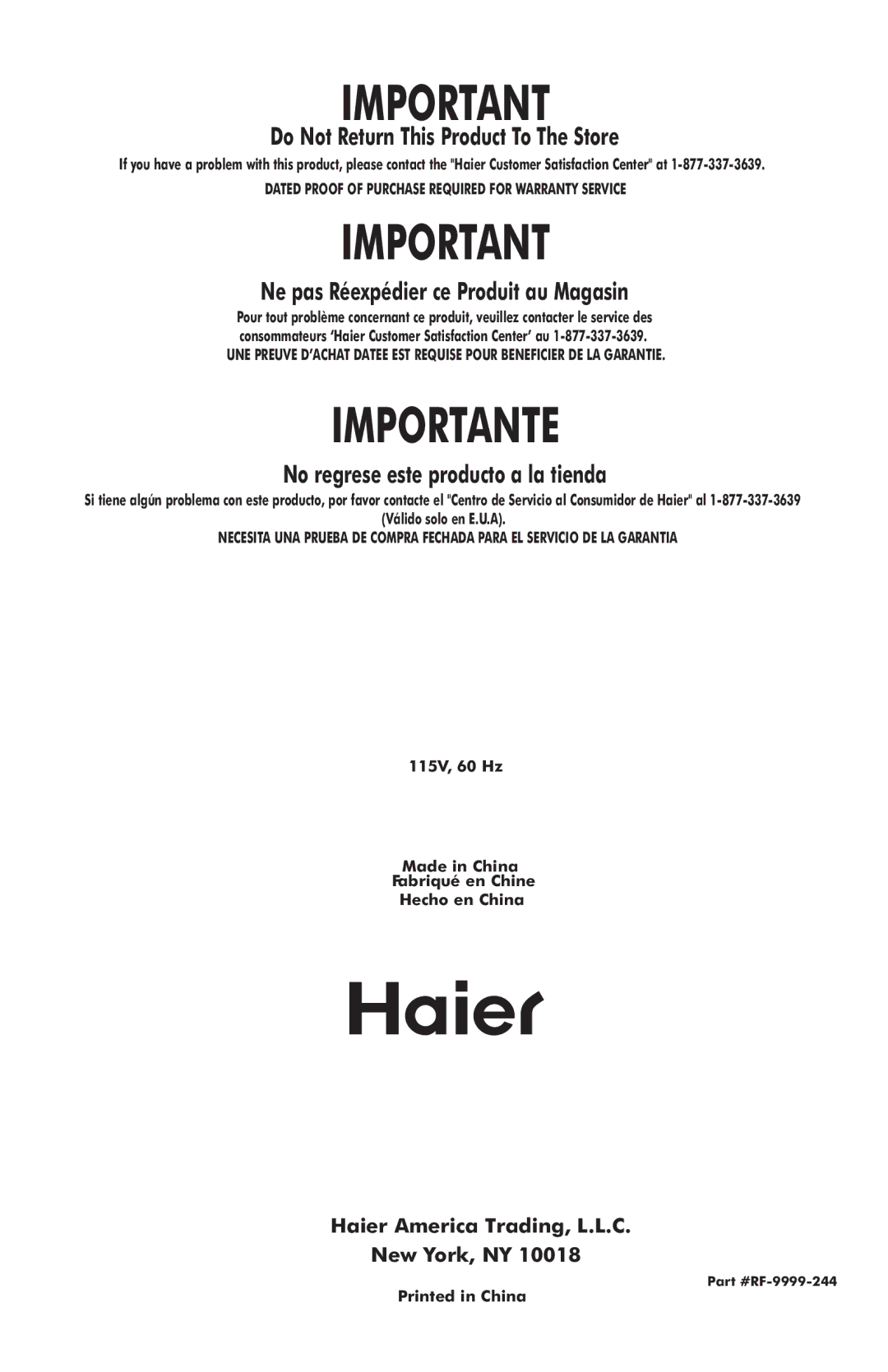 Haier HVFE024BBB user manual Importante 