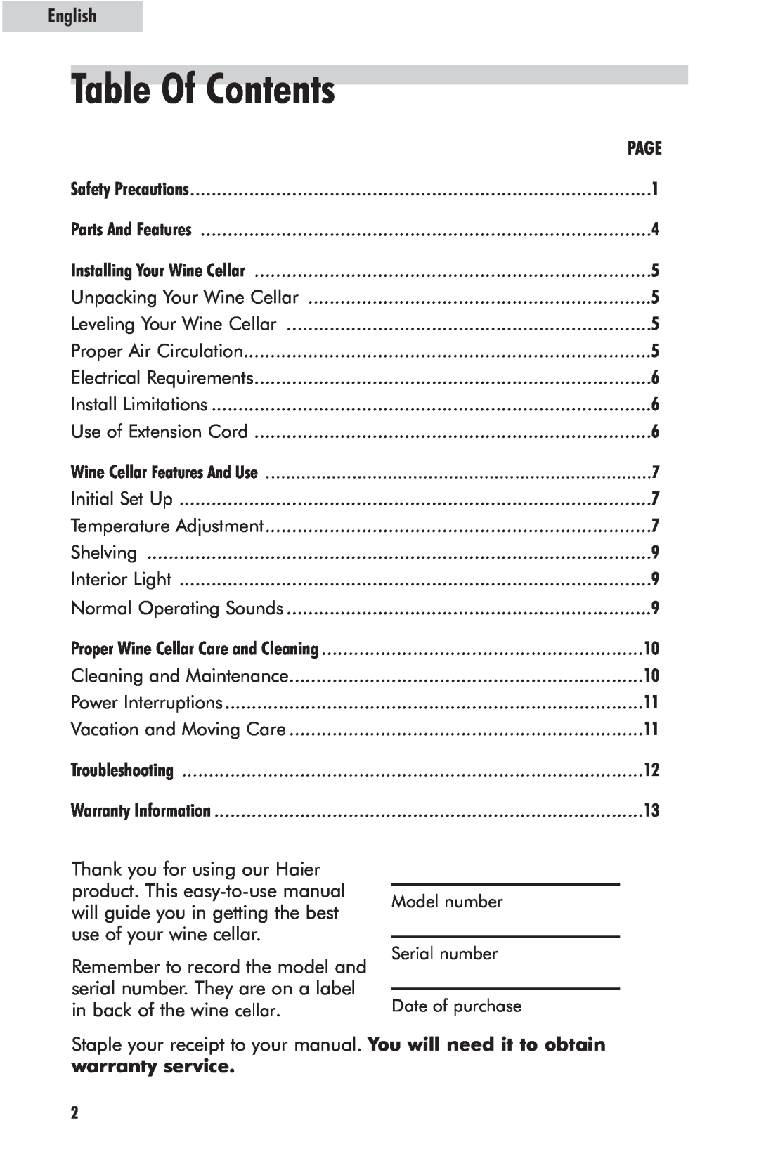 Haier HVFE024BBB user manual Table Of Contents 
