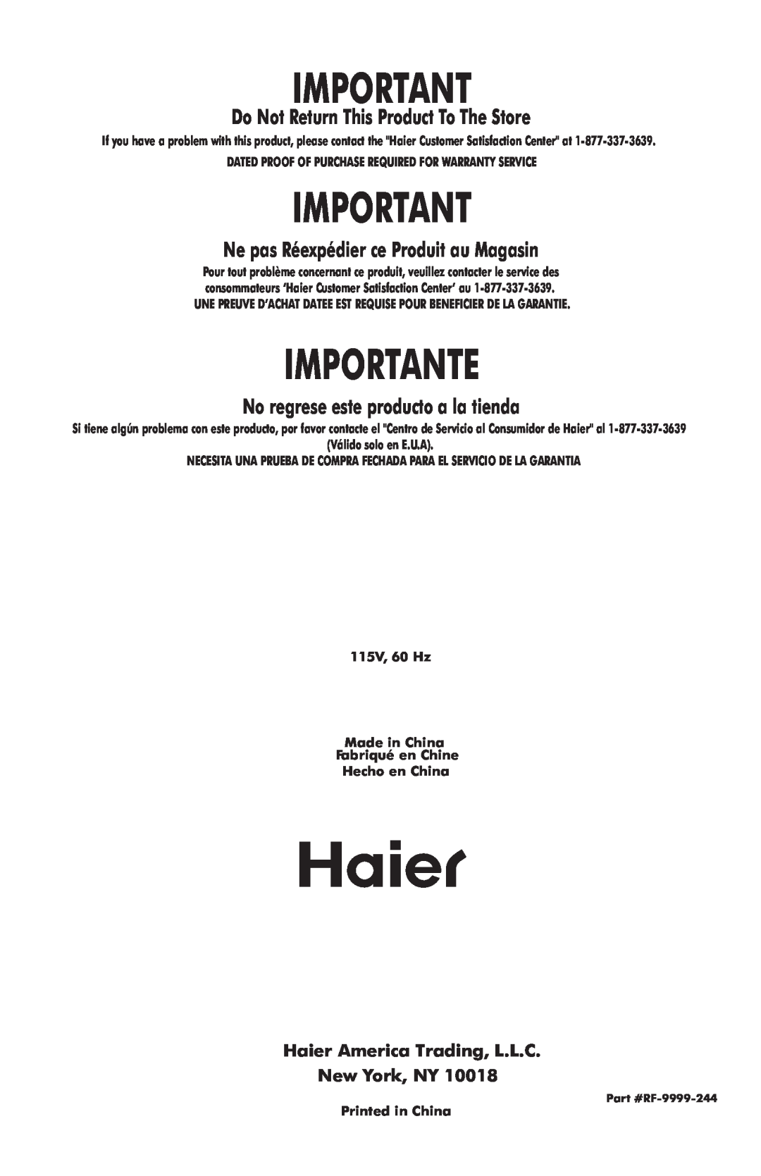 Haier HVFE024BBB user manual Importante, Do Not Return This Product To The Store, Ne pas Réexpédier ce Produit au Magasin 