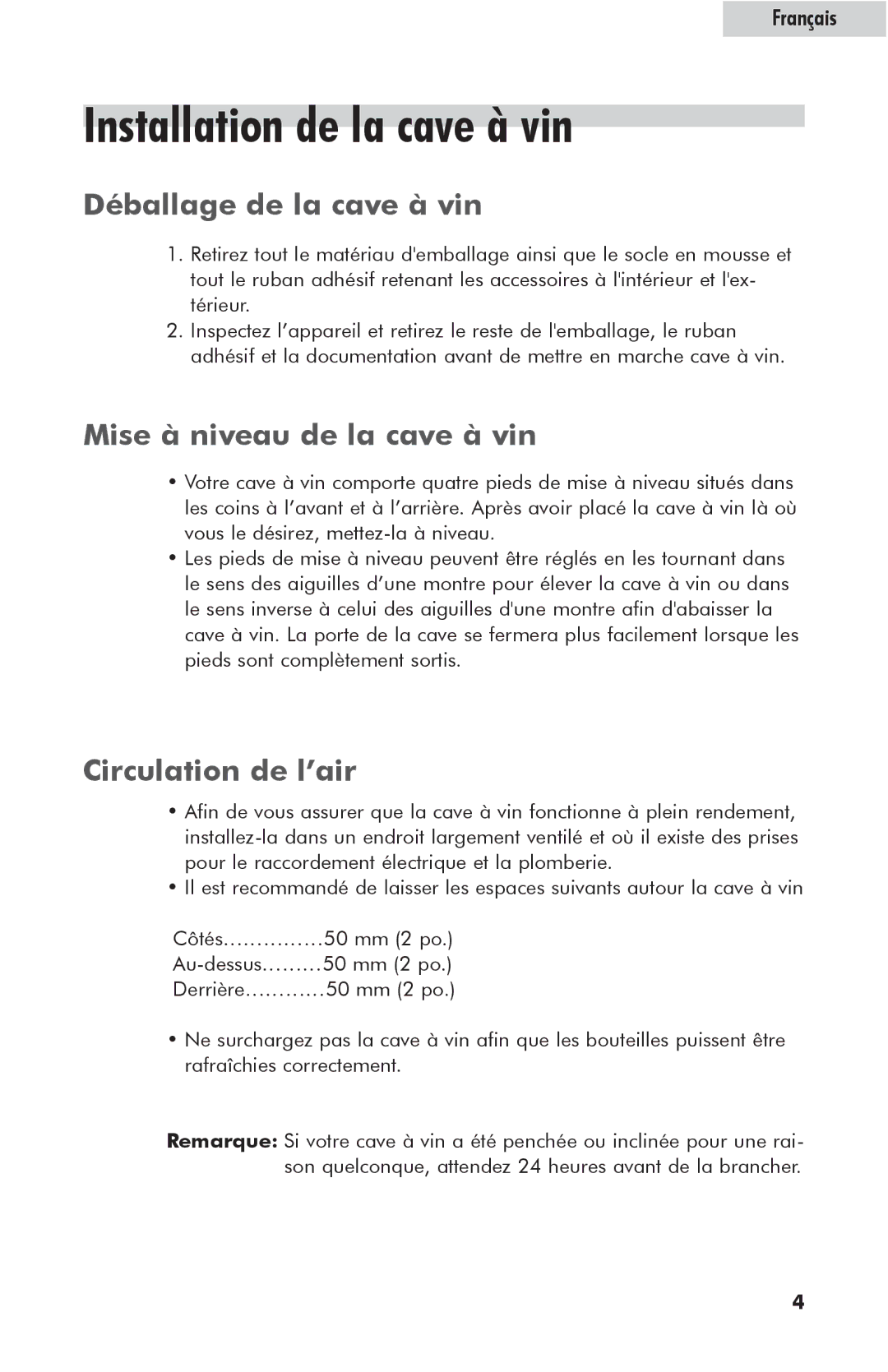 Haier HVFE040BBB user manual Installation de la cave à vin, Déballage de la cave à vin, Mise à niveau de la cave à vin 