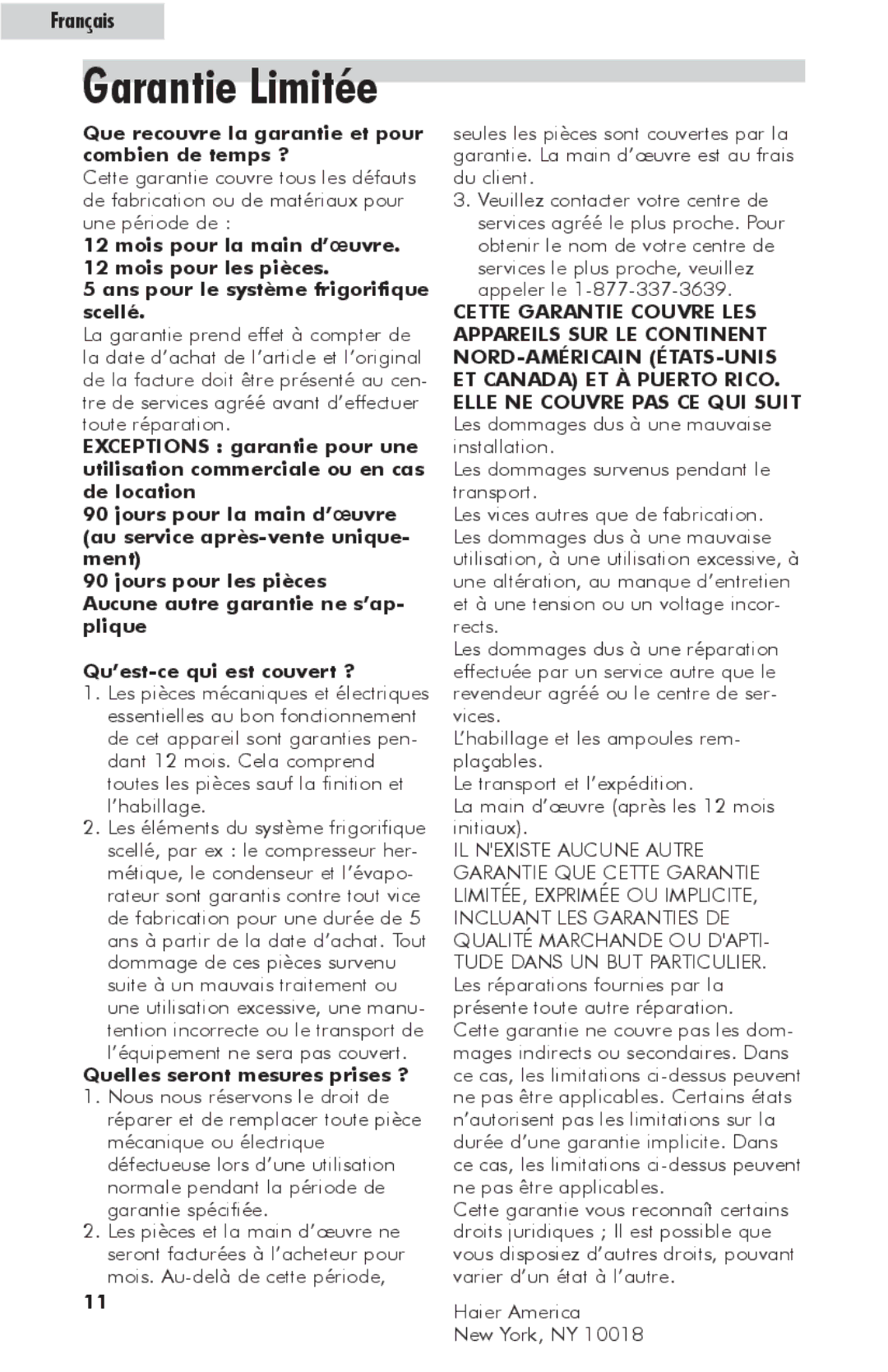 Haier HVFE040BBB user manual Garantie Limitée 