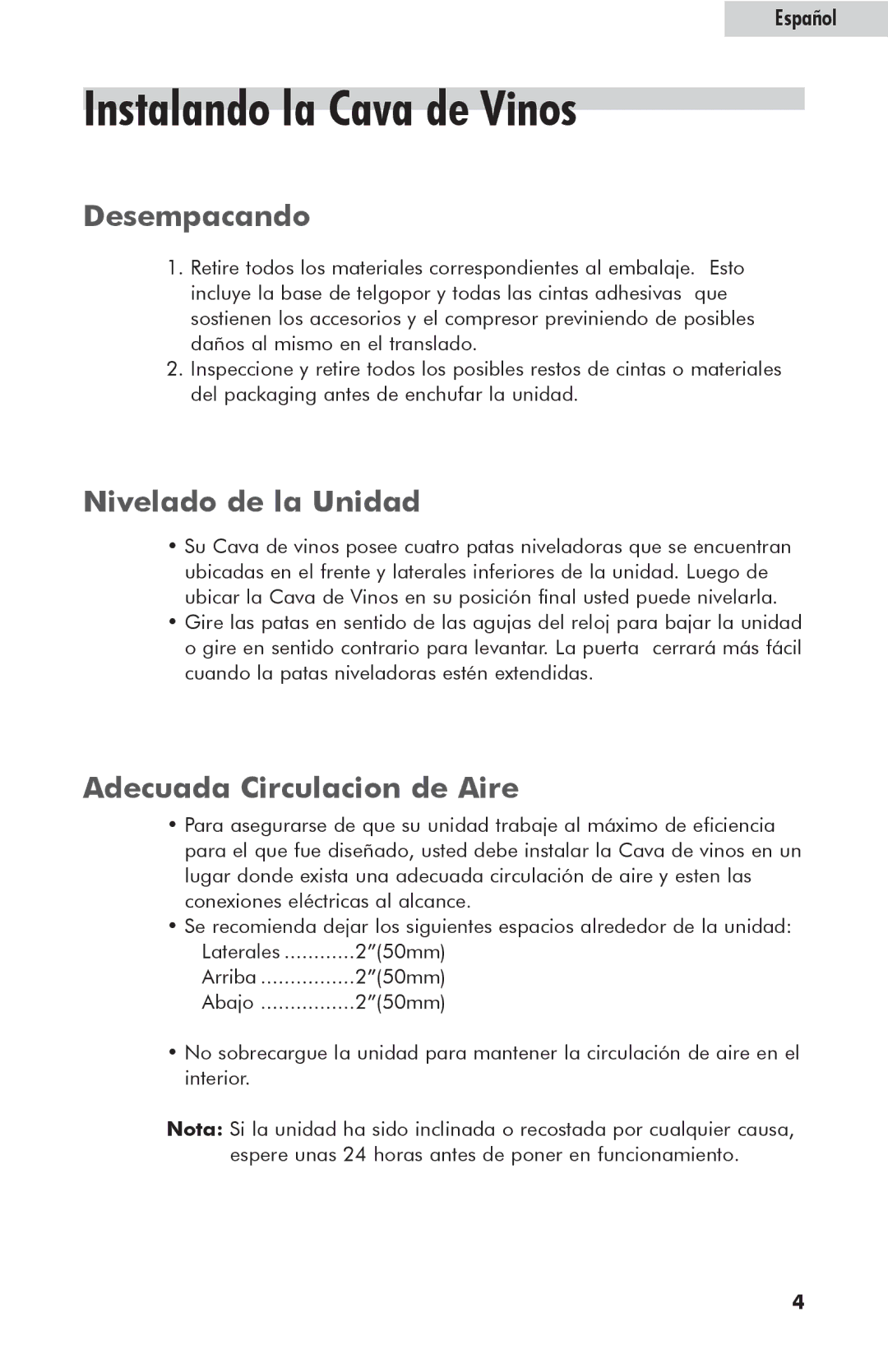 Haier HVFE040BBB user manual Instalando la Cava de Vinos, Desempacando, Nivelado de la Unidad, Adecuada Circulacion de Aire 