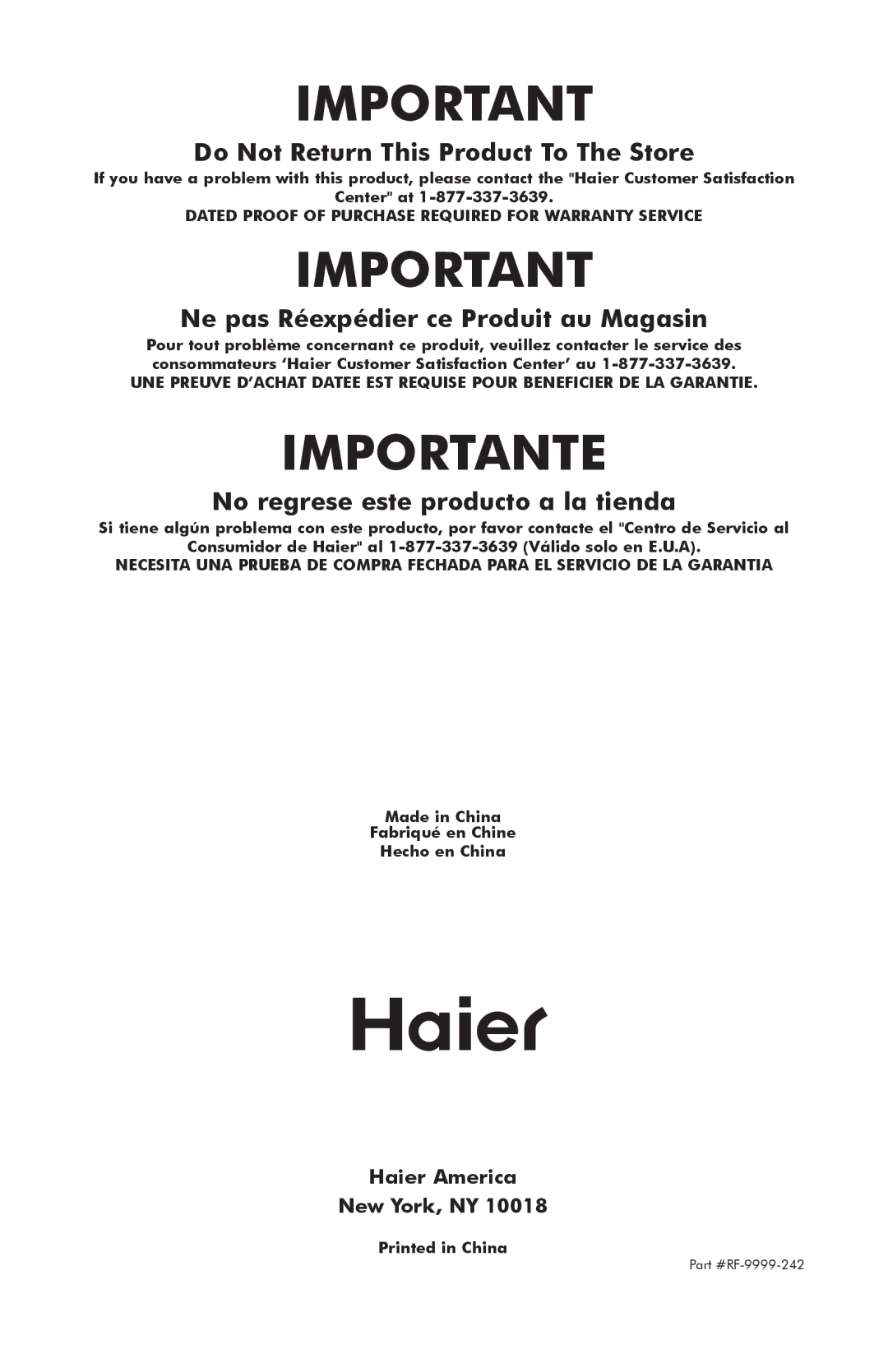 Haier HVFE040BBB user manual Importante 