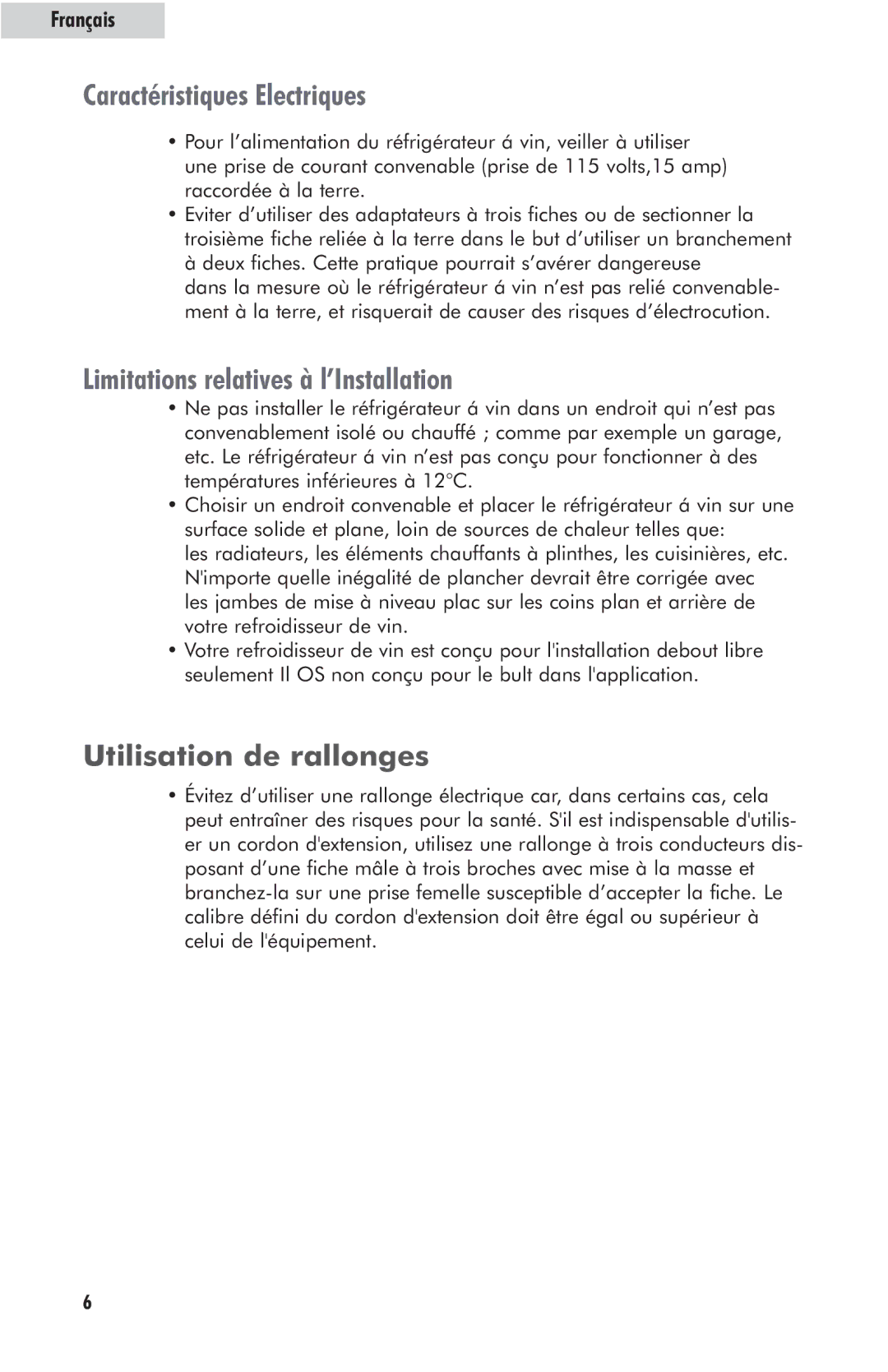 Haier HVFM24B user manual Caractéristiques Electriques, Utilisation de rallonges 