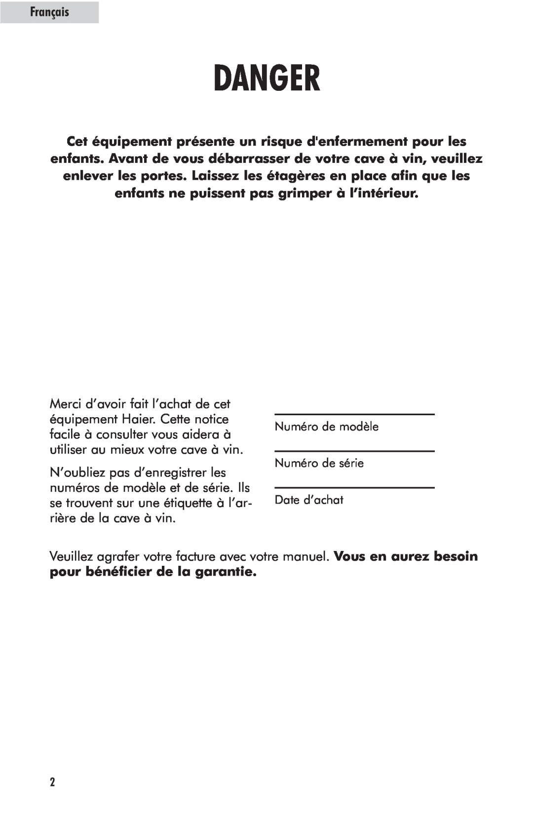 Haier HVFM24B user manual Danger, Français 