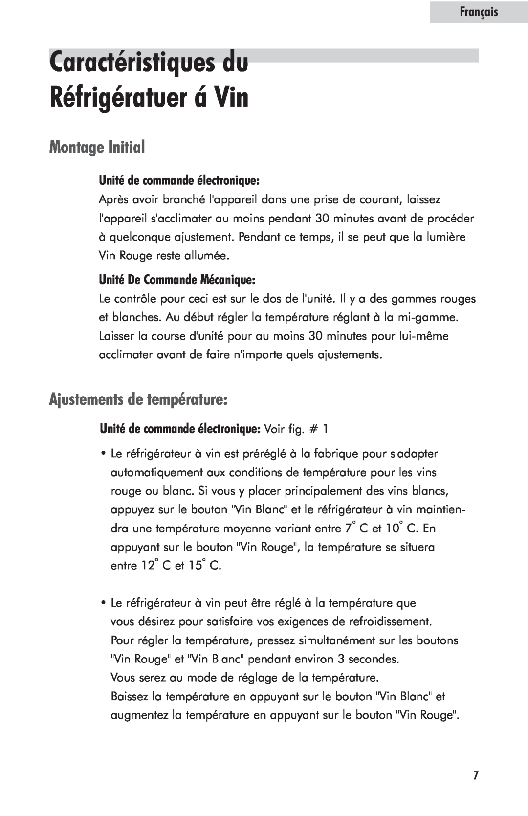 Haier HVFM24B user manual Caractéristiques du Réfrigératuer á Vin, Montage Initial, Ajustements de température, Français 