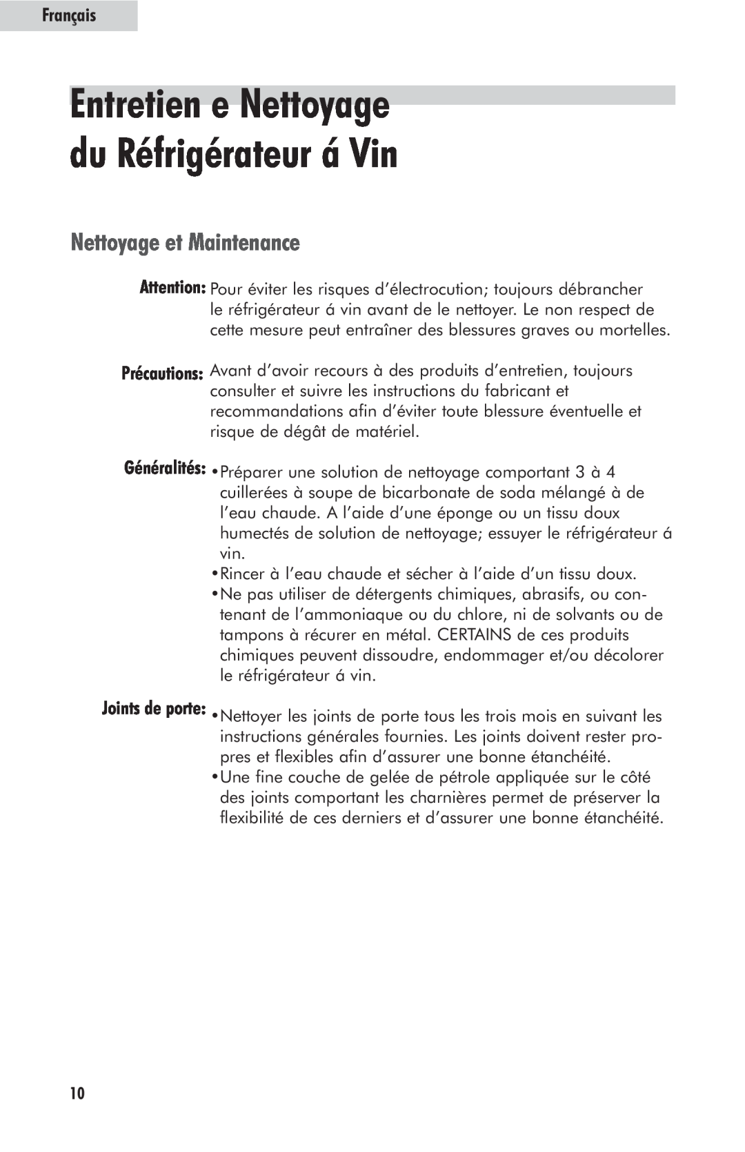 Haier HVFM24B user manual Entretien e Nettoyage du Réfrigérateur á Vin, Nettoyage et Maintenance, Français 