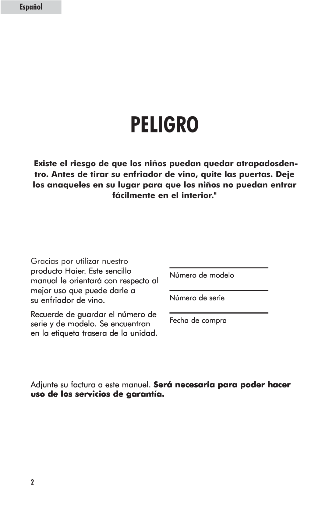 Haier HVFM24B user manual Peligro, Español 