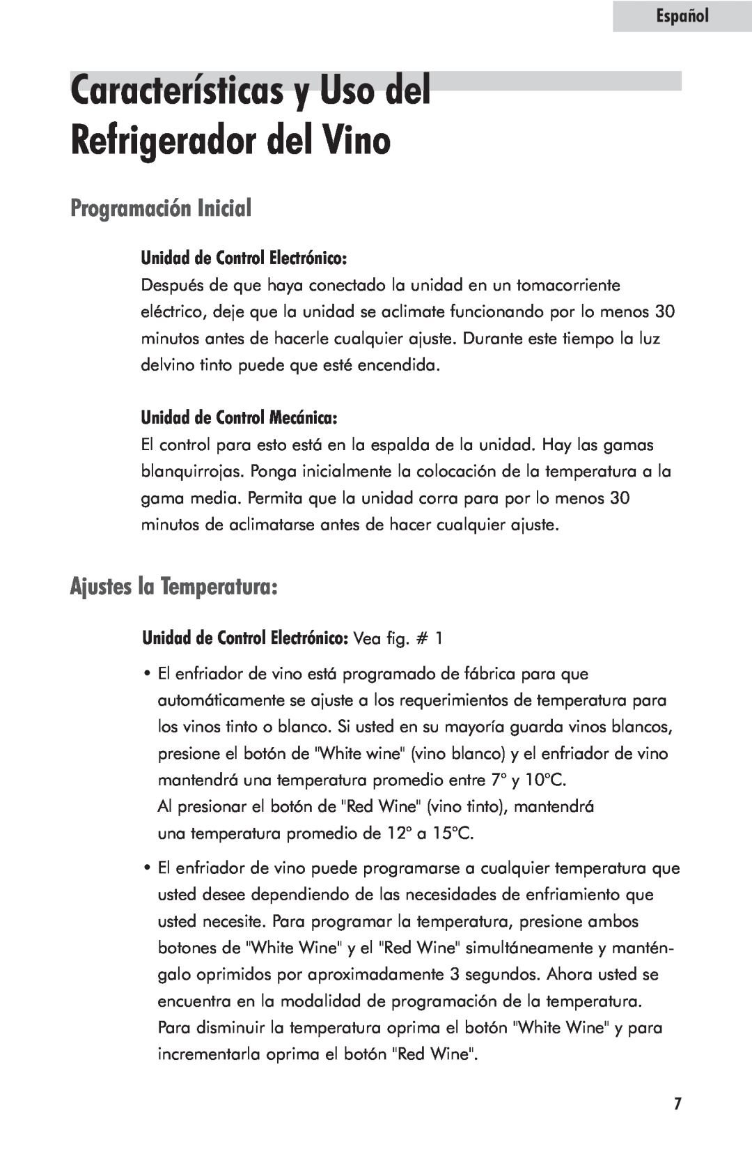 Haier HVFM24B Características y Uso del Refrigerador del Vino, Programación Inicial, Ajustes la Temperatura, Español 