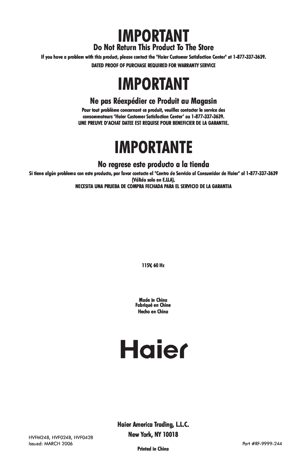 Haier HVFM24B user manual Importante, Do Not Return This Product To The Store, Ne pas Réexpédier ce Produit au Magasin 