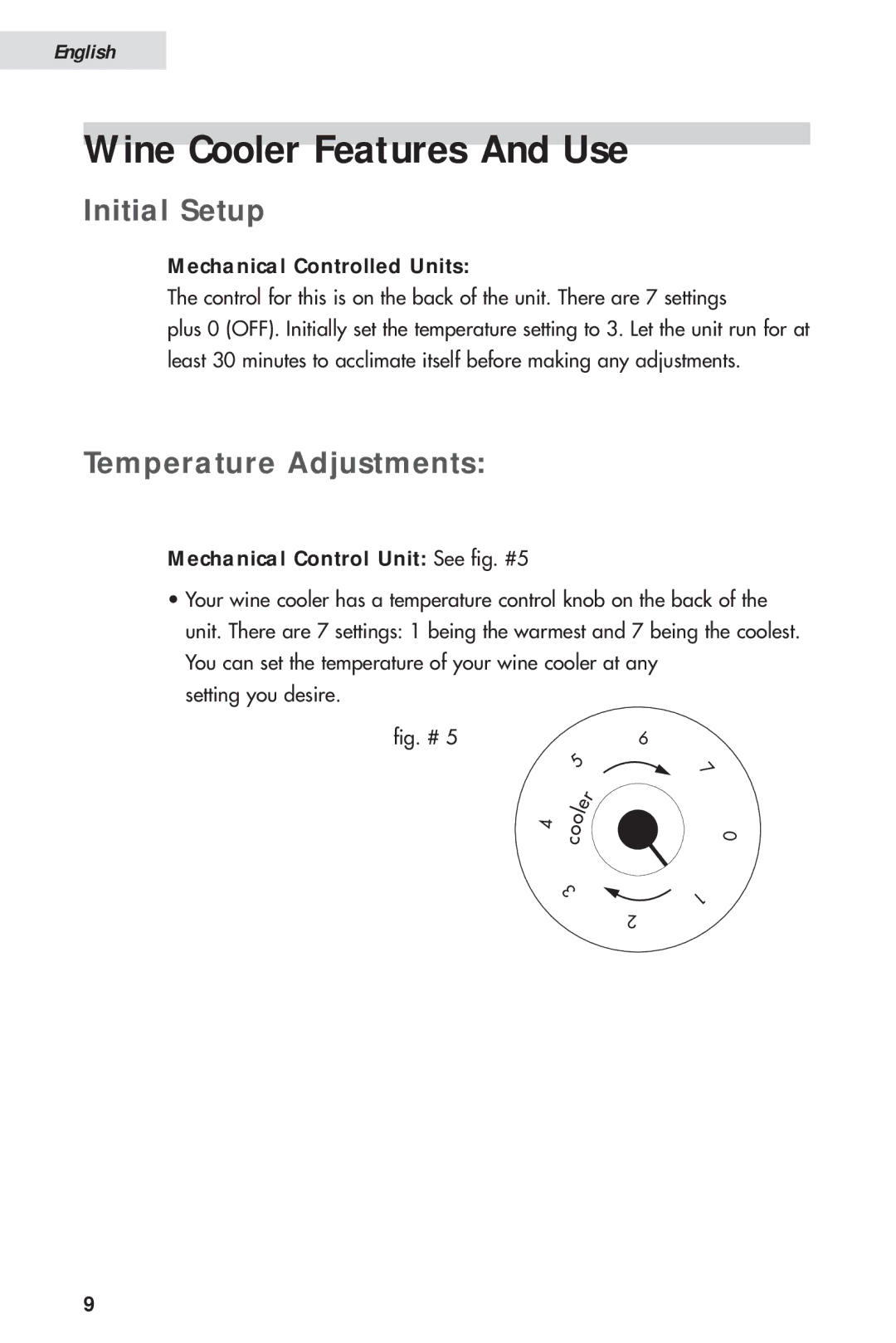 Haier HVH014A manual Wine Cooler Features And Use, Initial Setup, Temperature Adjustments 