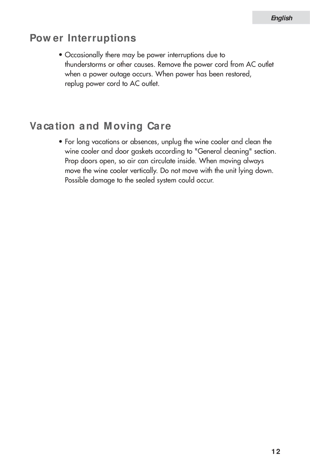 Haier HVH014A manual Power Interruptions, Vacation and Moving Care 