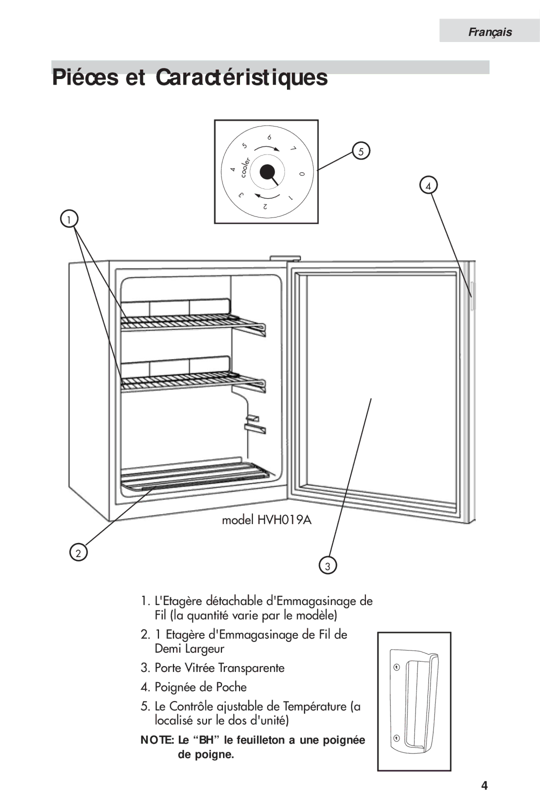 Haier HVH014A manual Piéces et Caractéristiques 