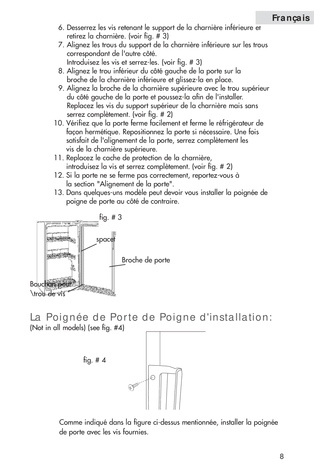 Haier HVH014A La Poignée de Porte de Poigne dinstallation, Vis de la charnière supérieure, Not in all models see fig. #4 