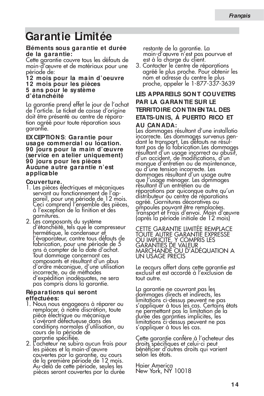 Haier HVH014A manual Garantie Limitée, Garantie spécifiée 