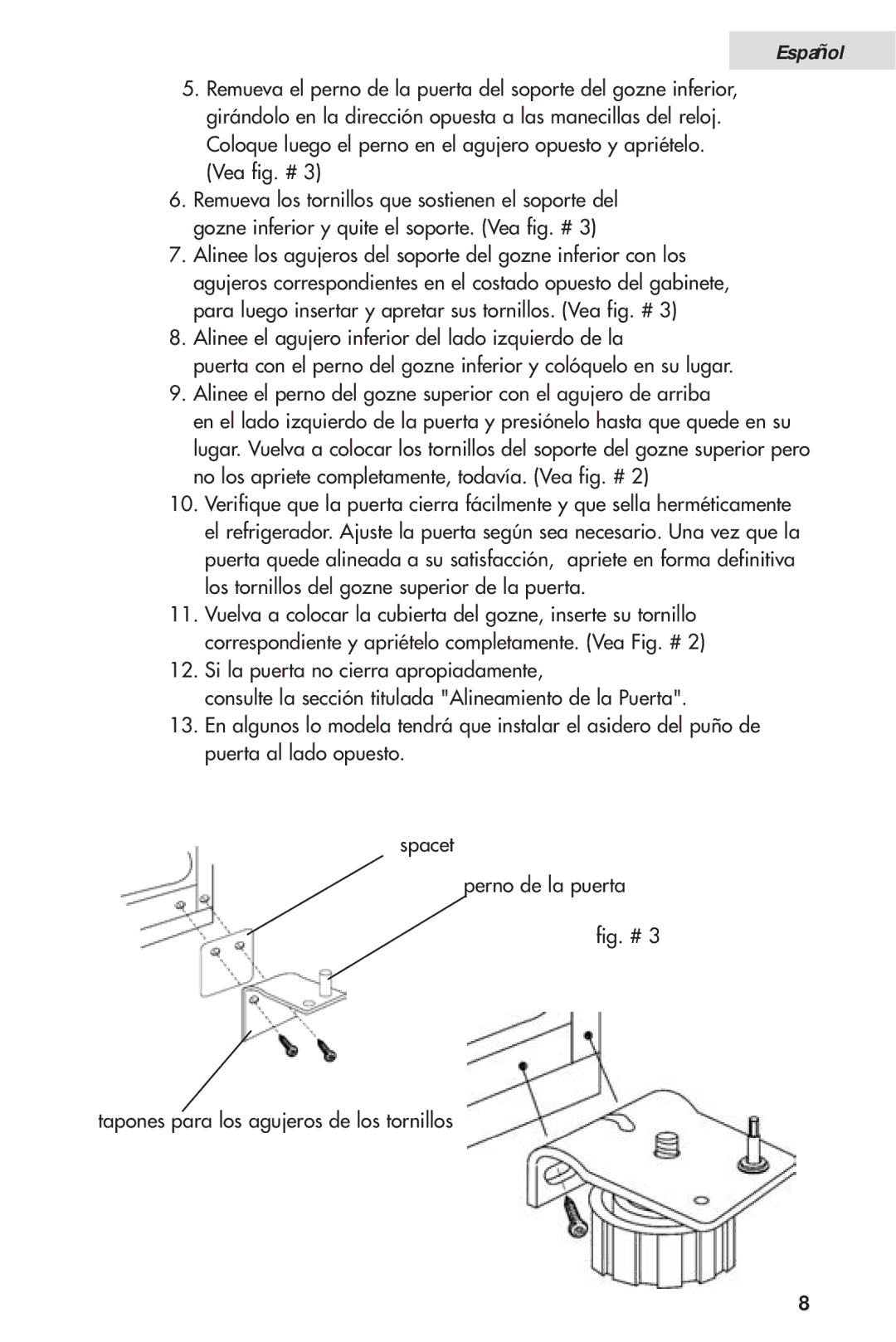 Haier HVH014A manual Fig. # Tapones para los agujeros de los tornillos 